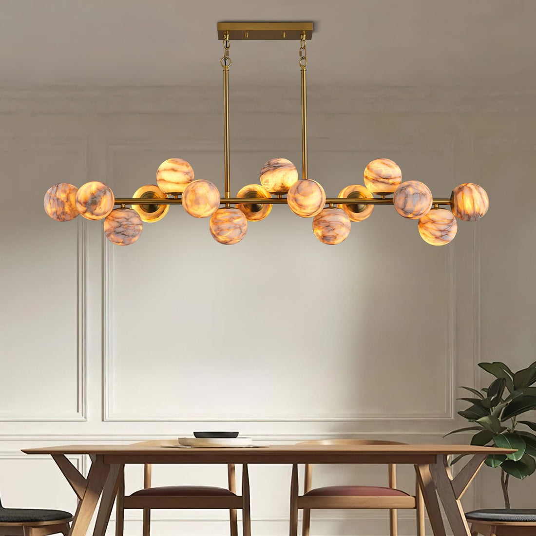 Mid Century Modern Sputnik Chandelier, 12 Light Gold Alabaster Globe Chandeliers - 23.6" Wide, Adjustable Height for Lobby, Dining Room, Living Room, Bedroom - Camilalamps - B0FJXNSMRH