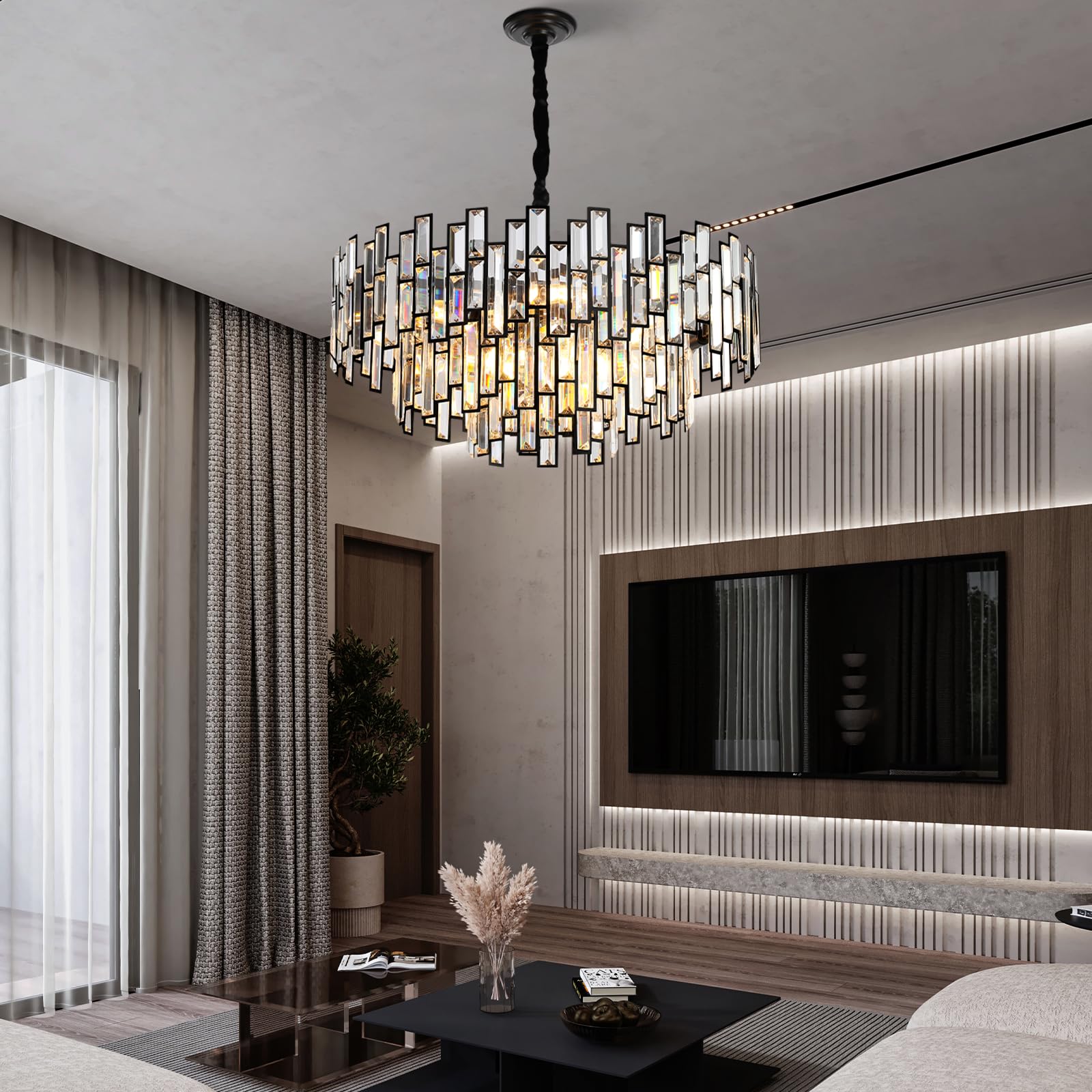 Modern Crystal Chandelier, 3 - Tier Black Chandelier for Entryway Luxury Chandelier Lighting Ceiling Pendant Light Fixture for Dining Rooms Kids Bedroom Hall Foyer Stairway Round 24.4" - Camilalamps - B0DN9L7XWJ
