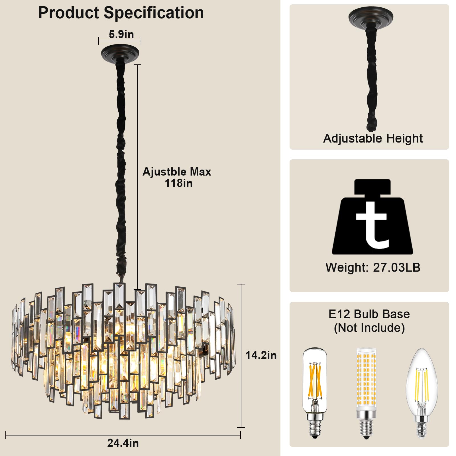 Modern Crystal Chandelier, 3 - Tier Black Chandelier for Entryway Luxury Chandelier Lighting Ceiling Pendant Light Fixture for Dining Rooms Kids Bedroom Hall Foyer Stairway Round 24.4" - Camilalamps - B0DN9L7XWJ