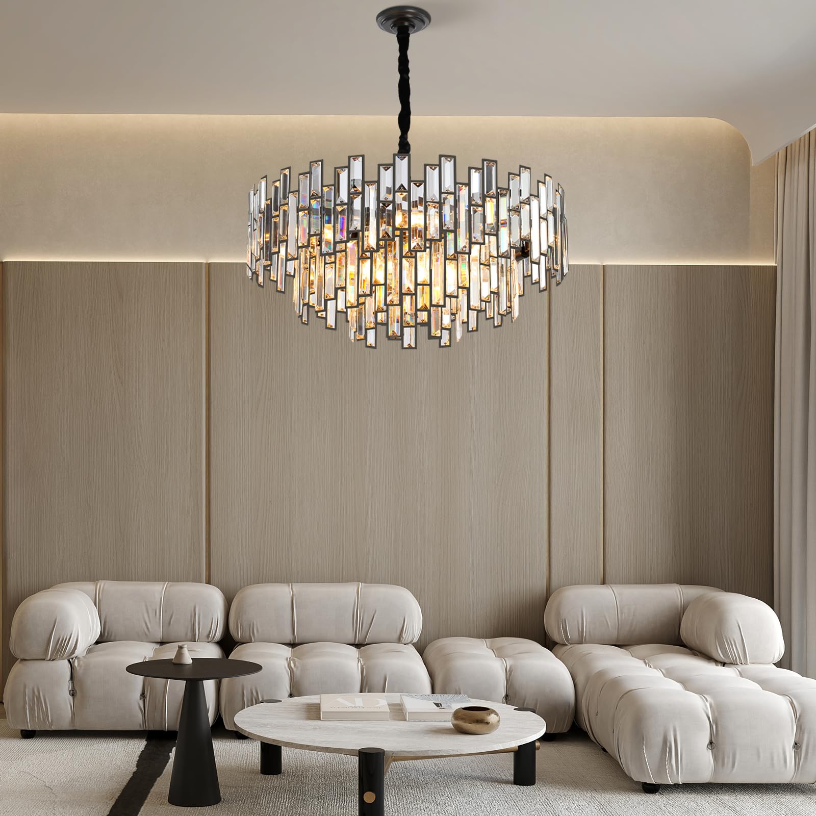 Modern Crystal Chandelier, 3 - Tier Black Chandelier for Entryway Luxury Chandelier Lighting Ceiling Pendant Light Fixture for Dining Rooms Kids Bedroom Hall Foyer Stairway Round 24.4" - Camilalamps - B0DN9L7XWJ