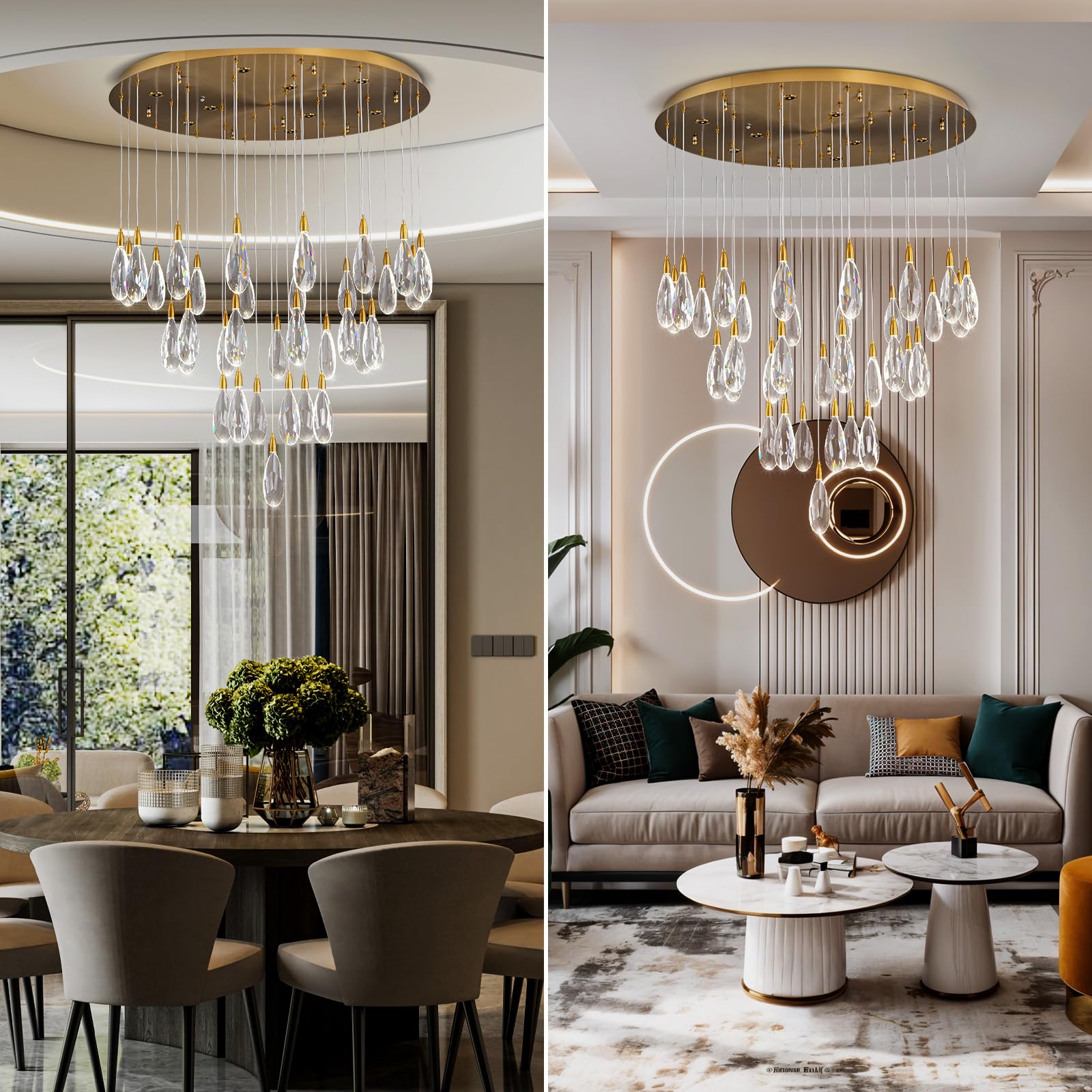 Modern Crystal Chandelier, 36“ Gold Round Raindrop Chandelier, 43 - Light Chandeliers for Living Room Dining Room Foyer Entryway Staircase High Ceilings, Luxury K9 Teardrop Light Fixture - Camilalamps - B0DXZGSZXD