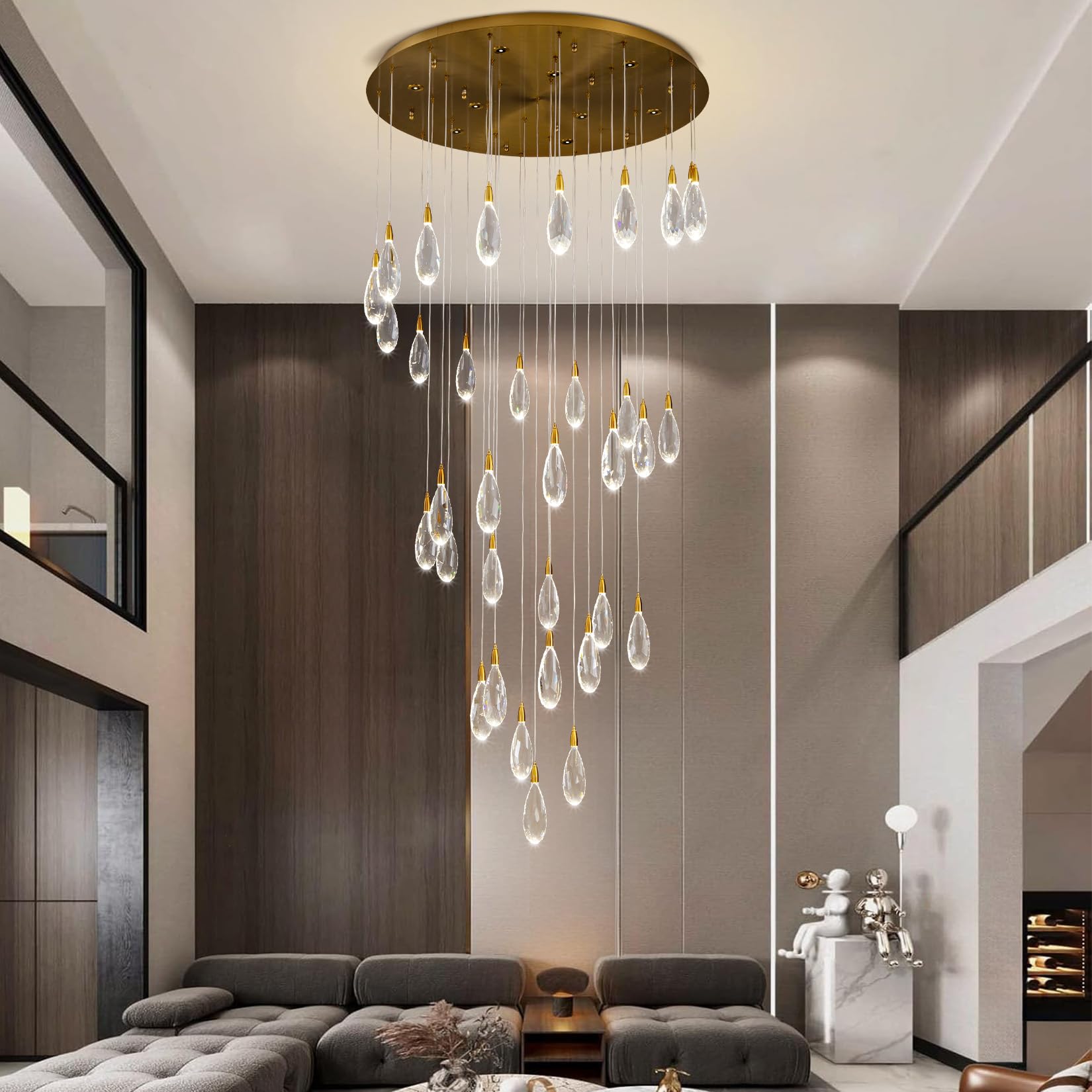 Modern Crystal Chandelier, 36“ Gold Round Raindrop Chandelier, 43 - Light Chandeliers for Living Room Dining Room Foyer Entryway Staircase High Ceilings, Luxury K9 Teardrop Light Fixture - Camilalamps - B0DXZGSZXD