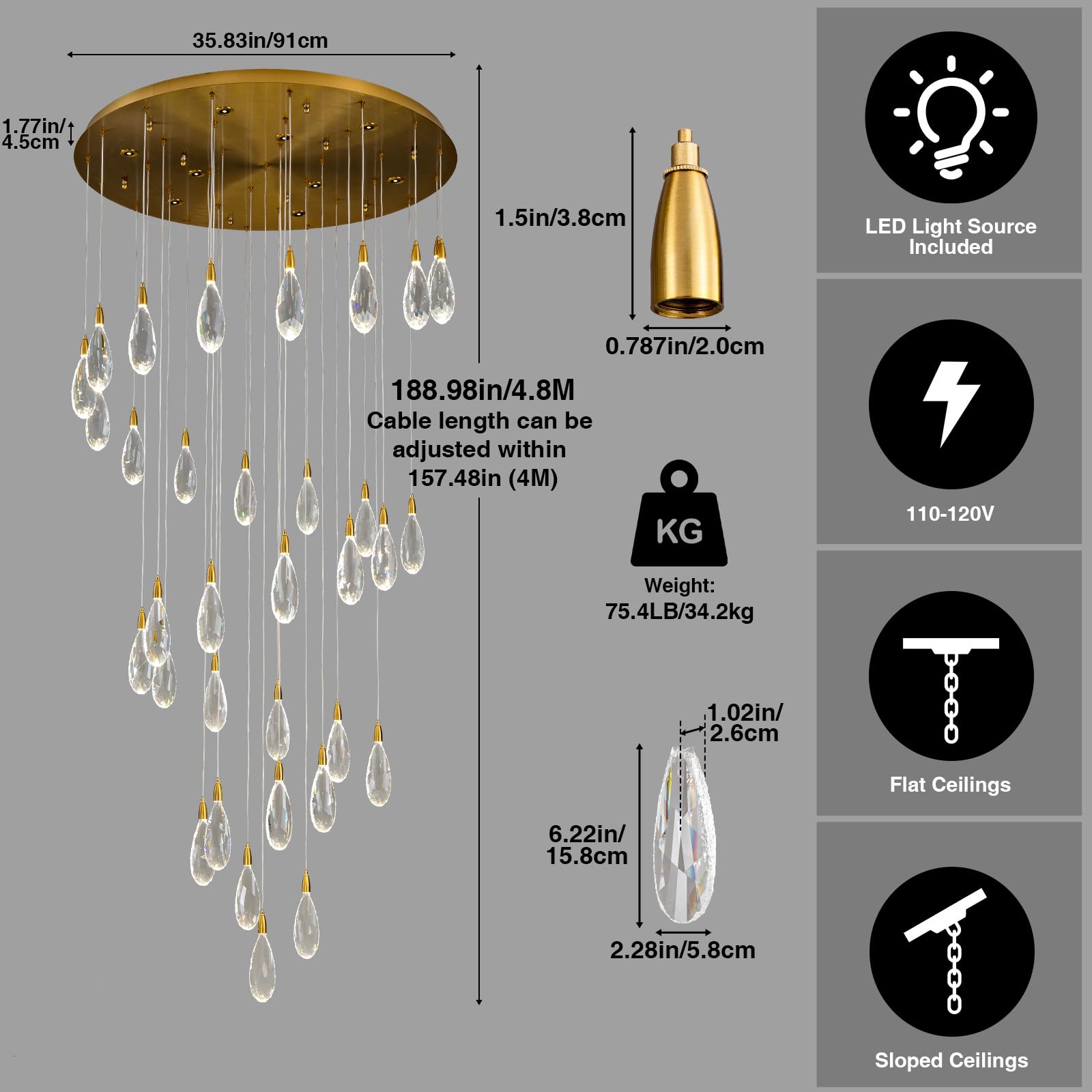 Modern Crystal Chandelier, 36“ Gold Round Raindrop Chandelier, 43 - Light Chandeliers for Living Room Dining Room Foyer Entryway Staircase High Ceilings, Luxury K9 Teardrop Light Fixture - Camilalamps - B0DXZGSZXD