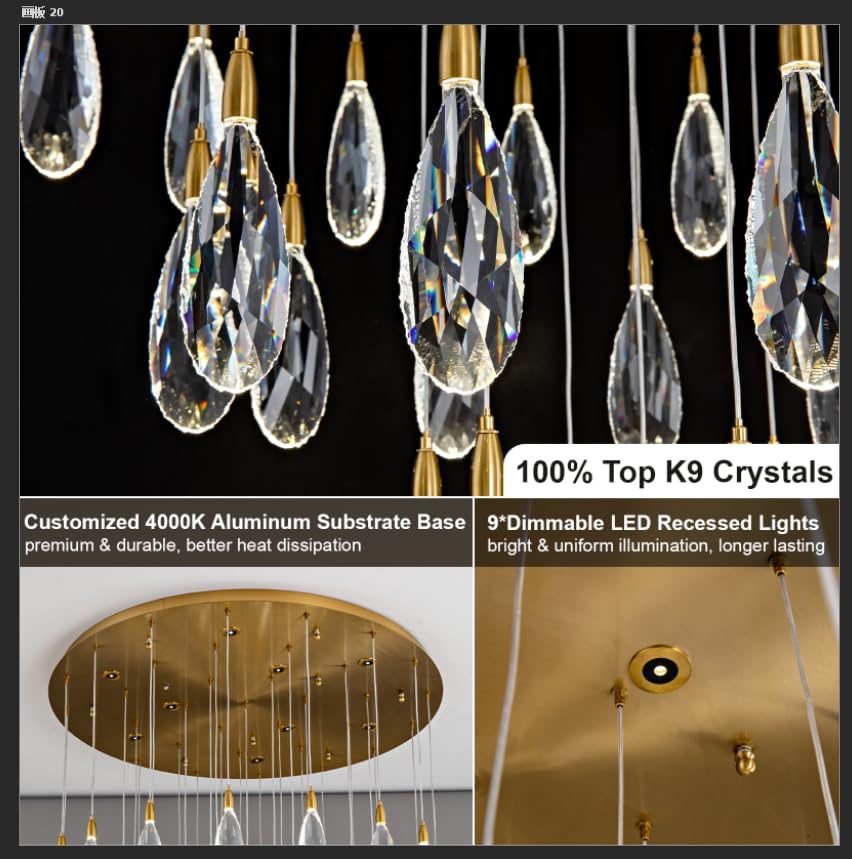 Modern Crystal Chandelier, 36“ Gold Round Raindrop Chandelier, 43 - Light Chandeliers for Living Room Dining Room Foyer Entryway Staircase High Ceilings, Luxury K9 Teardrop Light Fixture - Camilalamps - B0DXZGSZXD