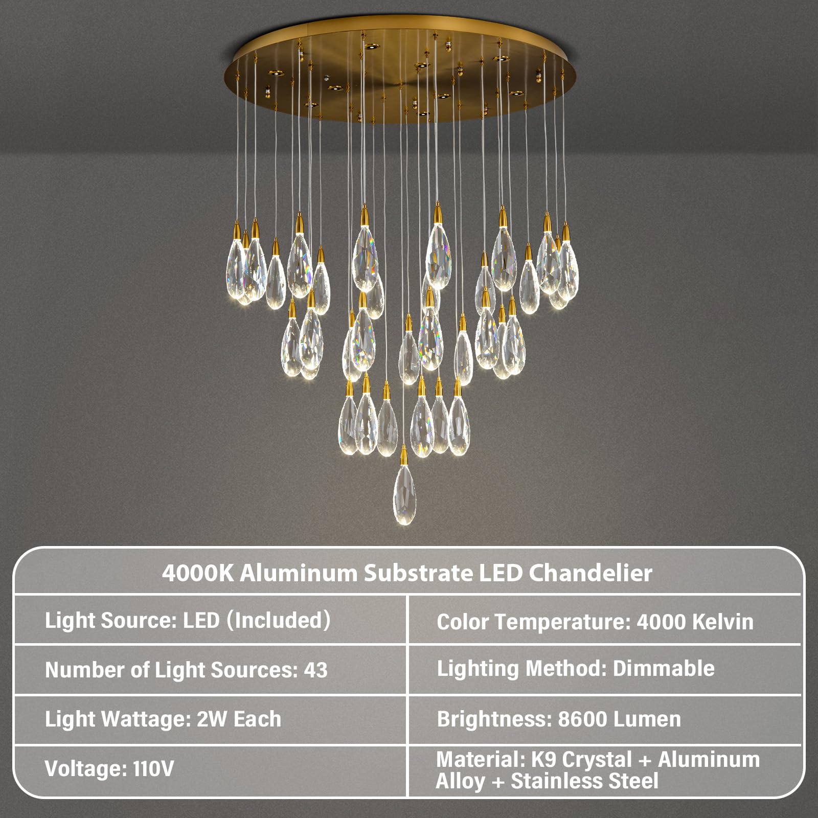 Modern Crystal Chandelier, 36“ Gold Round Raindrop Chandelier, 43 - Light Chandeliers for Living Room Dining Room Foyer Entryway Staircase High Ceilings, Luxury K9 Teardrop Light Fixture - Camilalamps - B0DXZGSZXD