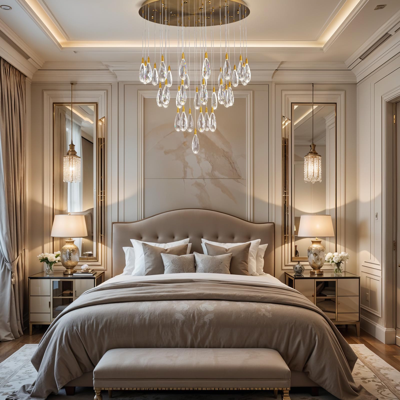 Modern Crystal Chandelier, 36“ Gold Round Raindrop Chandelier, 43 - Light Chandeliers for Living Room Dining Room Foyer Entryway Staircase High Ceilings, Luxury K9 Teardrop Light Fixture - Camilalamps - B0DXZGSZXD