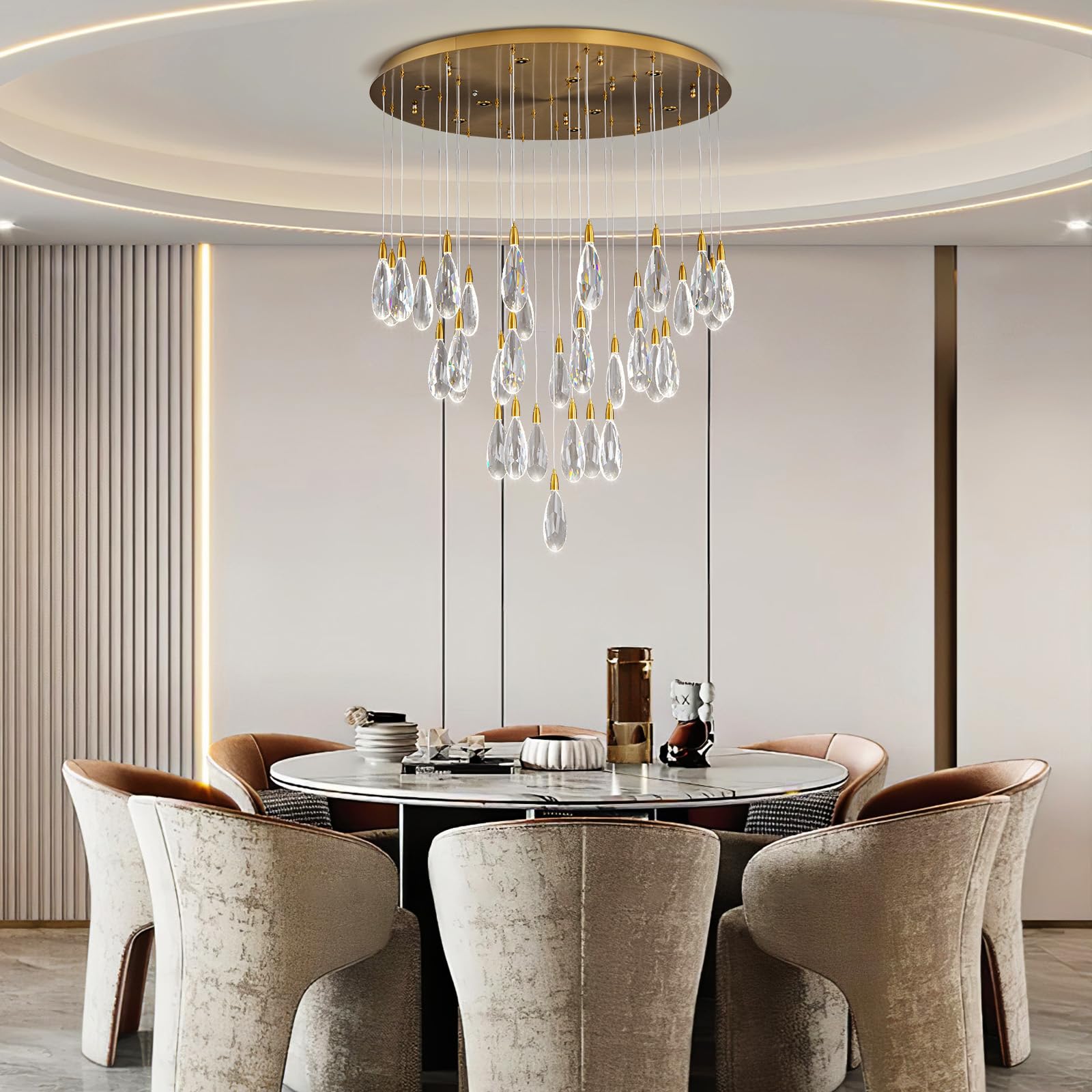 Modern Crystal Chandelier, 36“ Gold Round Raindrop Chandelier, 43 - Light Chandeliers for Living Room Dining Room Foyer Entryway Staircase High Ceilings, Luxury K9 Teardrop Light Fixture - Camilalamps - B0DXZGSZXD