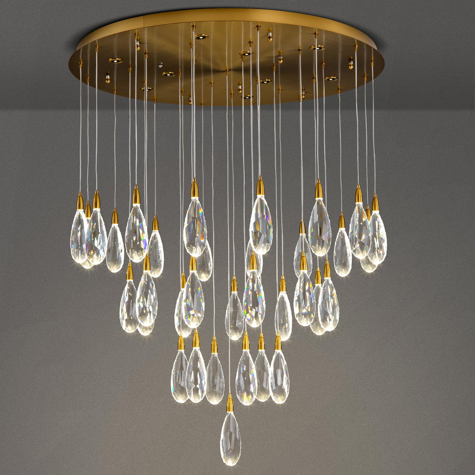 Modern Crystal Chandelier, 36“ Gold Round Raindrop Chandelier, 43 - Light Chandeliers for Living Room Dining Room Foyer Entryway Staircase High Ceilings, Luxury K9 Teardrop Light Fixture - Camilalamps - B0DXZCJ2PQ