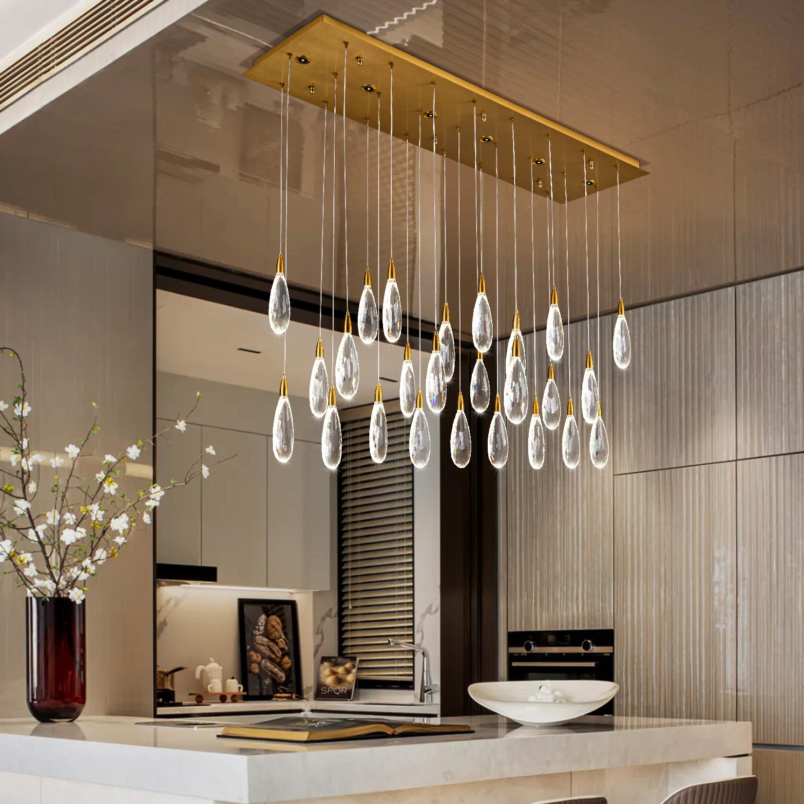 Modern Crystal Chandelier, 36“ Gold Round Raindrop Chandelier, 43 - Light Chandeliers for Living Room Dining Room Foyer Entryway Staircase High Ceilings, Luxury K9 Teardrop Light Fixture - Camilalamps - B0DXZGSZXD