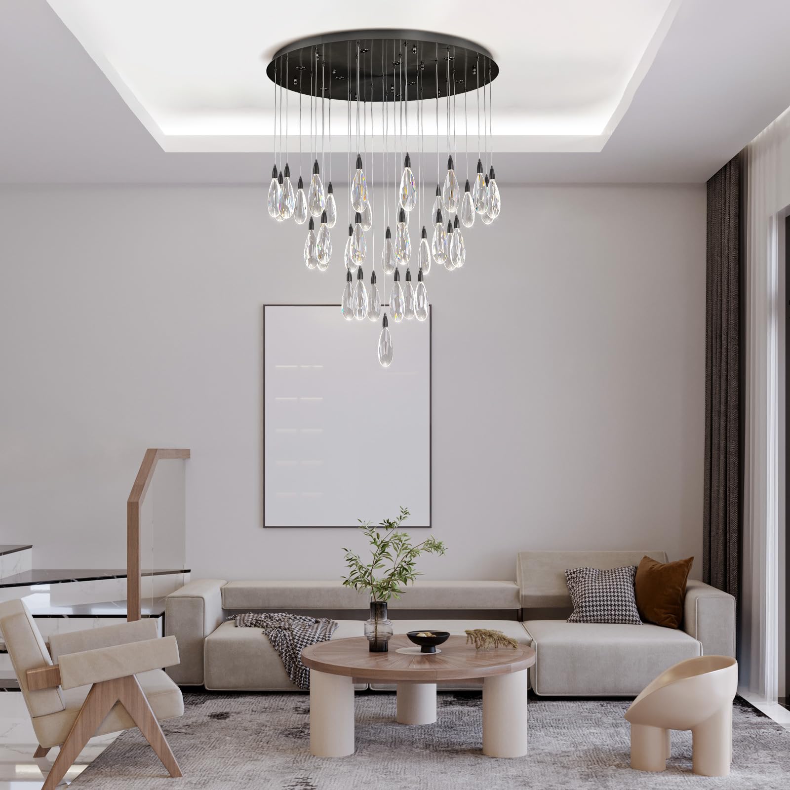 Modern Crystal Chandelier, 36“ Gold Round Raindrop Chandelier, 43 - Light Chandeliers for Living Room Dining Room Foyer Entryway Staircase High Ceilings, Luxury K9 Teardrop Light Fixture - Camilalamps - B0DXZGSZXD