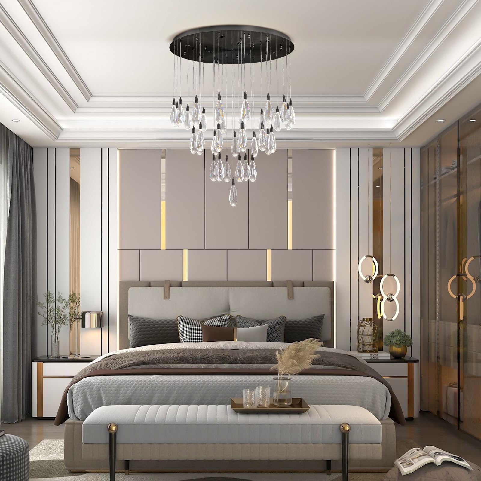 Modern Crystal Chandelier, 36“ Gold Round Raindrop Chandelier, 43 - Light Chandeliers for Living Room Dining Room Foyer Entryway Staircase High Ceilings, Luxury K9 Teardrop Light Fixture - Camilalamps - B0DXZGSZXD