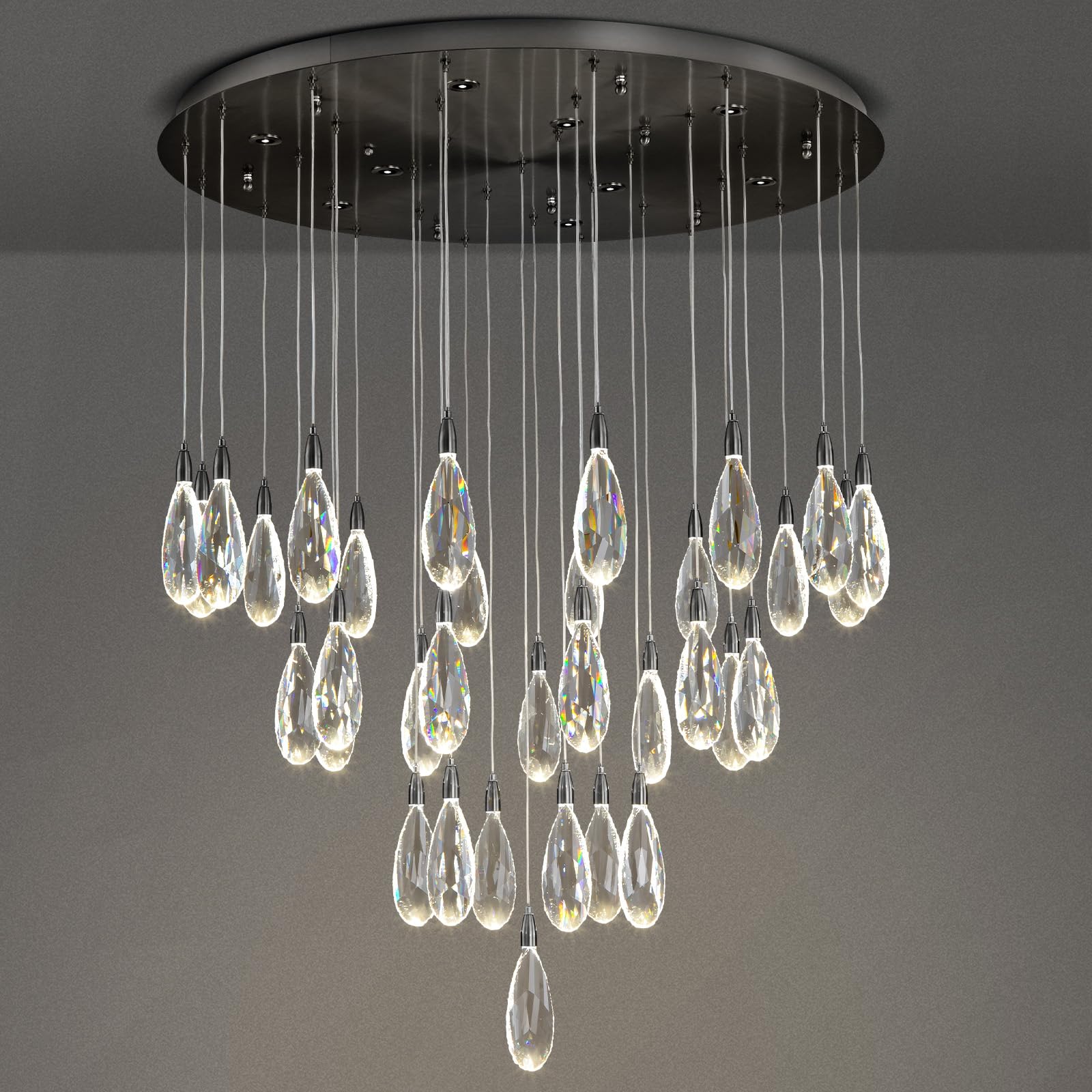 Modern Crystal Chandelier, 36“ Gold Round Raindrop Chandelier, 43 - Light Chandeliers for Living Room Dining Room Foyer Entryway Staircase High Ceilings, Luxury K9 Teardrop Light Fixture - Camilalamps - B0DXZGSZXD