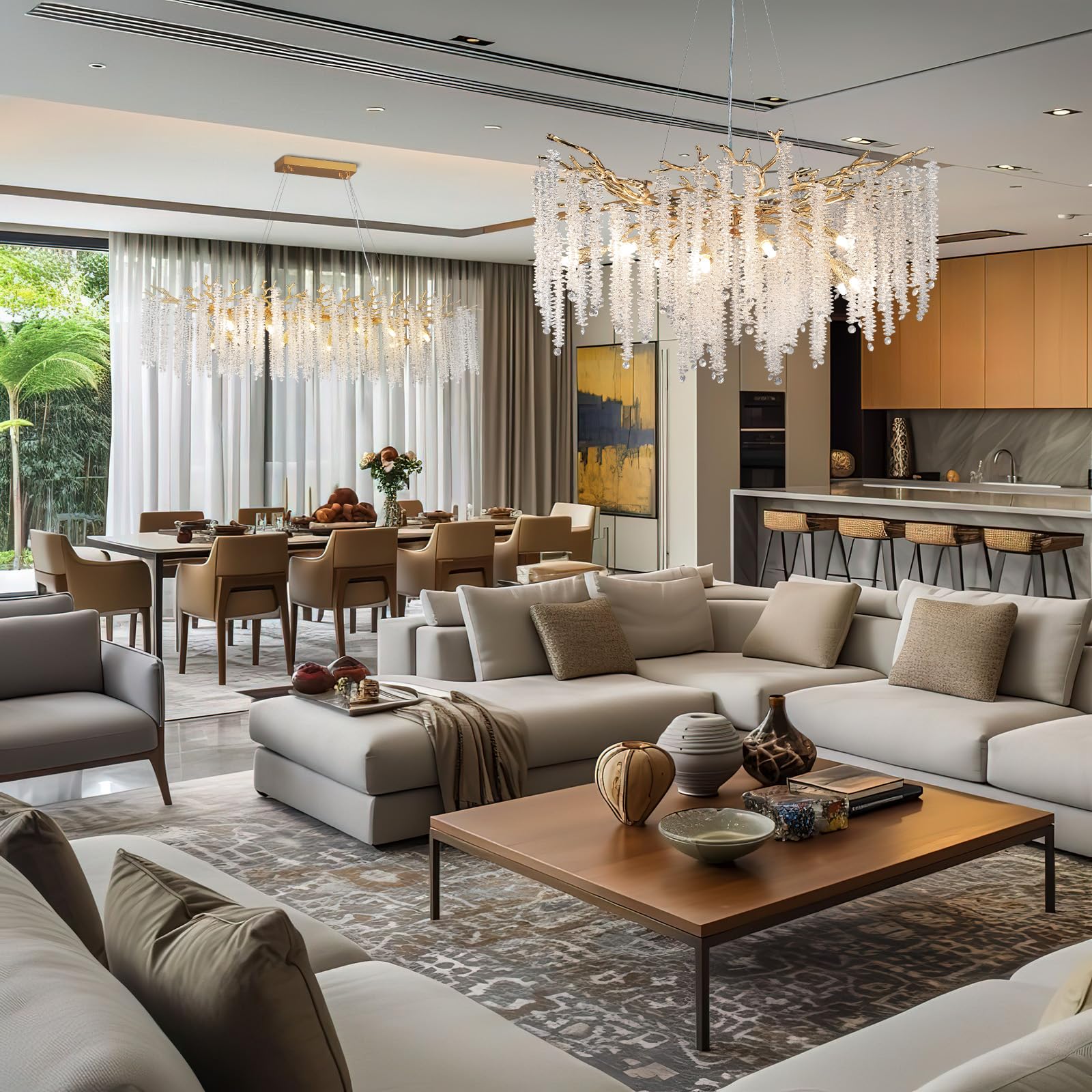 Modern Crystal Chandelier, 47.2" Gold Tree Branch Chandelier for Dining Room, Round Luxury High Ceiling Chandeliers Pendant Light Over Table, Hanging Fixture for Bedroom, Living Room, Kitchen - Camilalamps - B0FBWPQM82