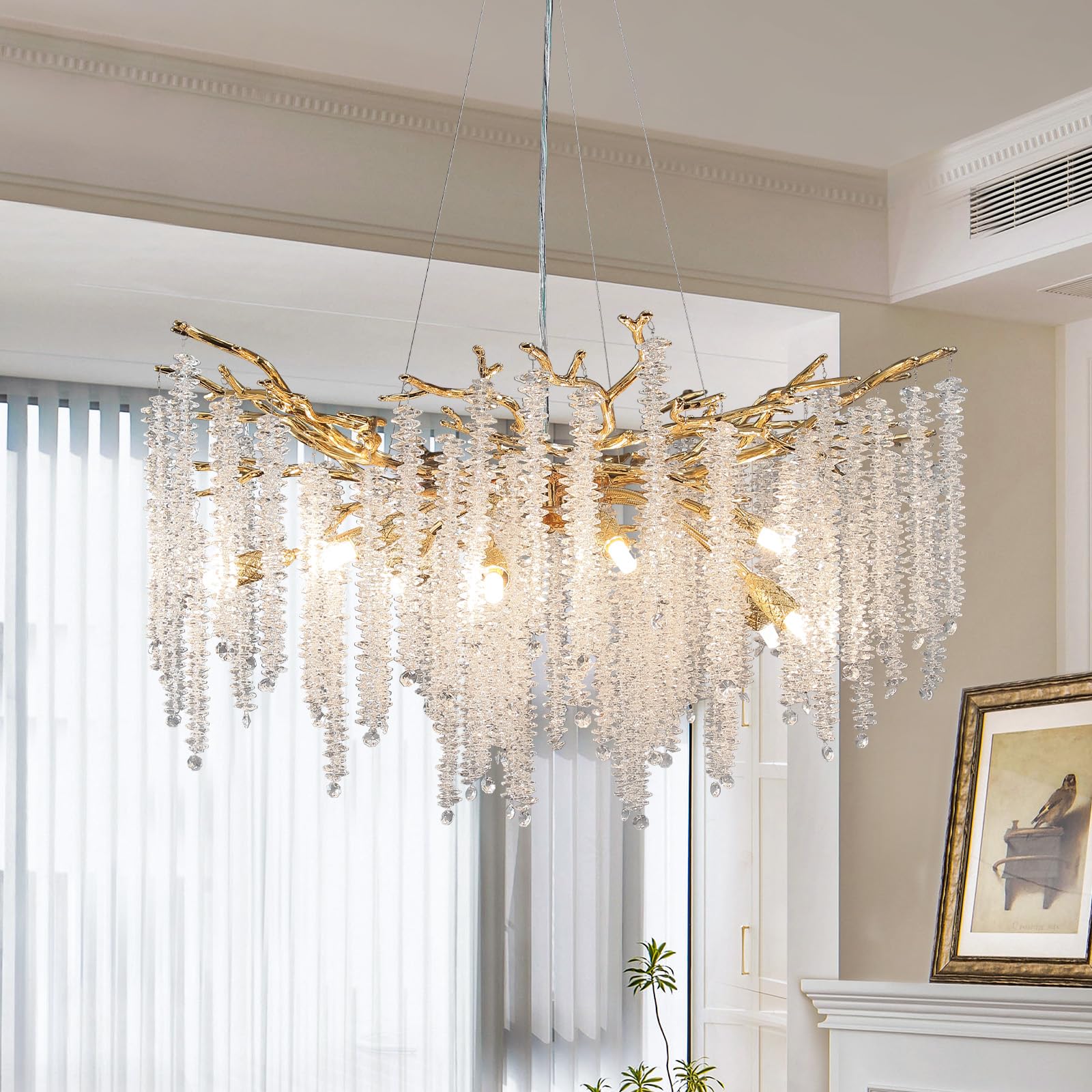 Modern Crystal Chandelier, 47.2" Gold Tree Branch Chandelier for Dining Room, Round Luxury High Ceiling Chandeliers Pendant Light Over Table, Hanging Fixture for Bedroom, Living Room, Kitchen - Camilalamps - B0FBWPQM82
