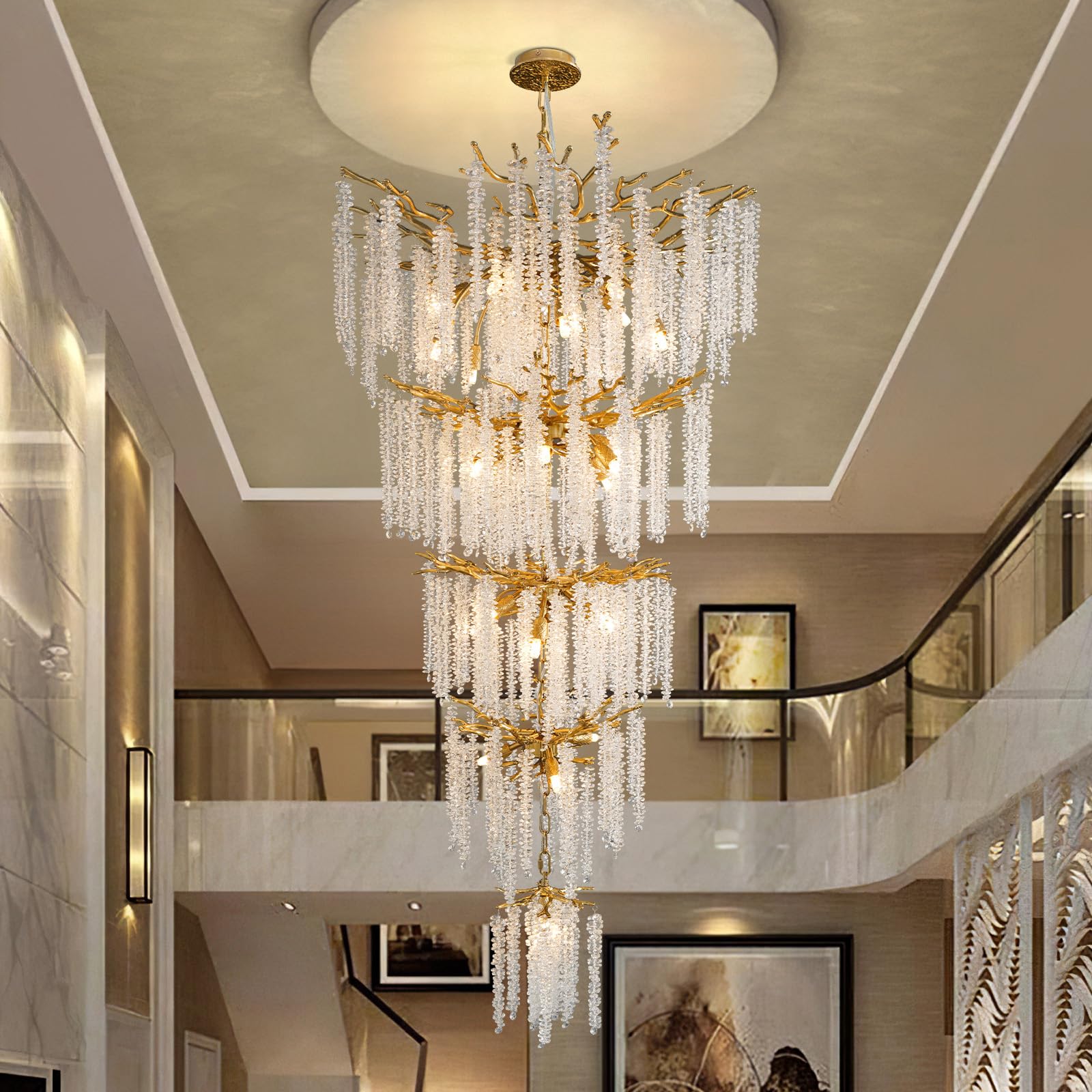 Modern Crystal Chandelier, 47.2" Gold Tree Branch Chandelier for Dining Room, Round Luxury High Ceiling Chandeliers Pendant Light Over Table, Hanging Fixture for Bedroom, Living Room, Kitchen - Camilalamps - B0FBWPQM82