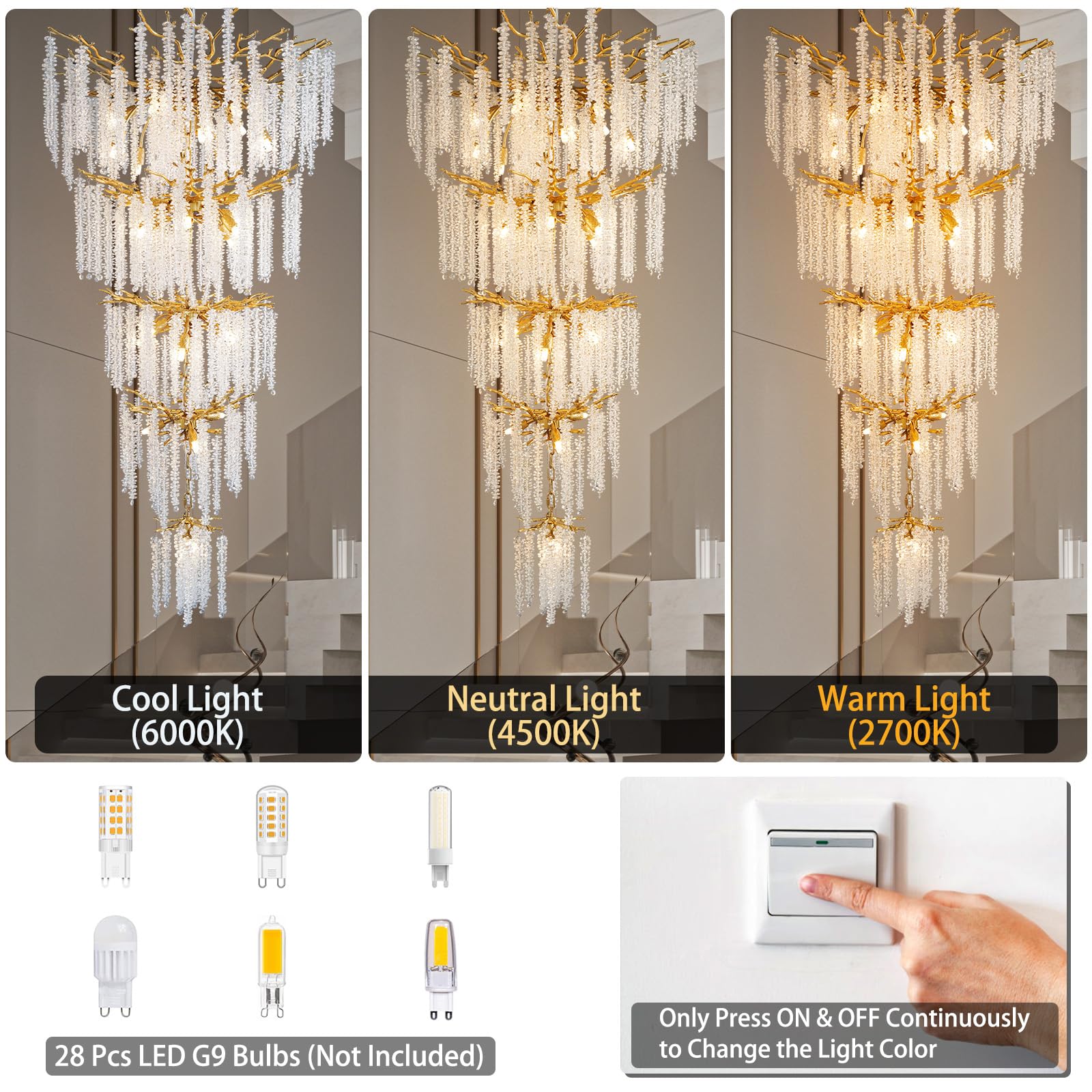 Modern Crystal Chandelier, 47.2" Gold Tree Branch Chandelier for Dining Room, Round Luxury High Ceiling Chandeliers Pendant Light Over Table, Hanging Fixture for Bedroom, Living Room, Kitchen - Camilalamps - B0FBWPQM82