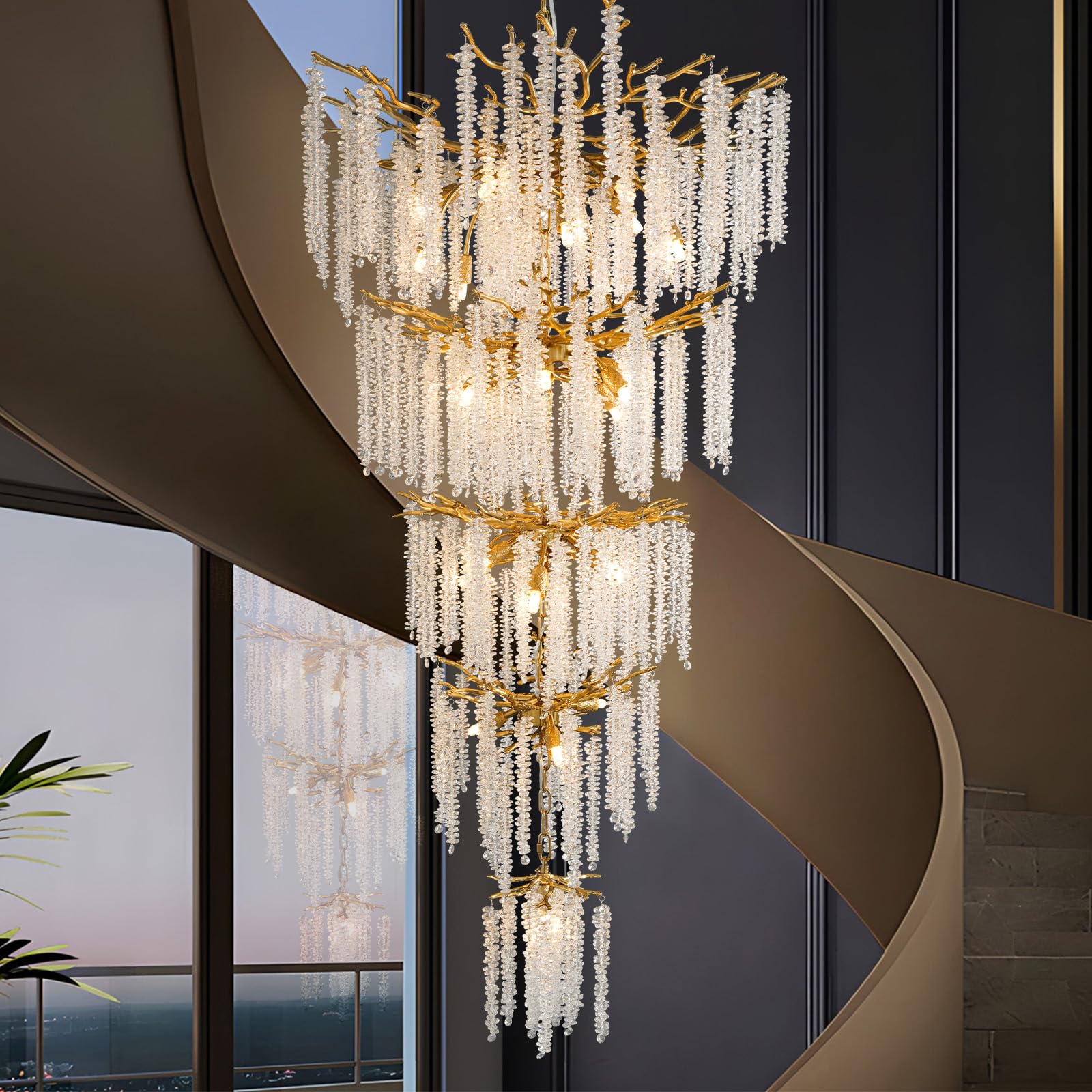 Modern Crystal Chandelier, 47.2" Gold Tree Branch Chandelier for Dining Room, Round Luxury High Ceiling Chandeliers Pendant Light Over Table, Hanging Fixture for Bedroom, Living Room, Kitchen - Camilalamps - B0C99C92LL