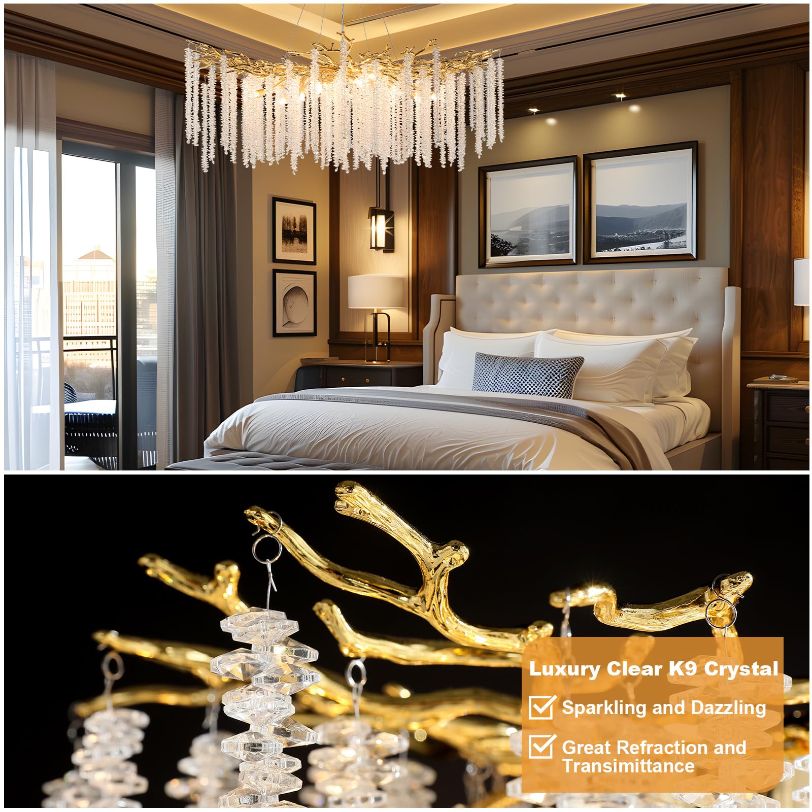 Modern Crystal Chandelier, 47.2" Gold Tree Branch Chandelier for Dining Room, Round Luxury High Ceiling Chandeliers Pendant Light Over Table, Hanging Fixture for Bedroom, Living Room, Kitchen - Camilalamps - B0FBWPQM82