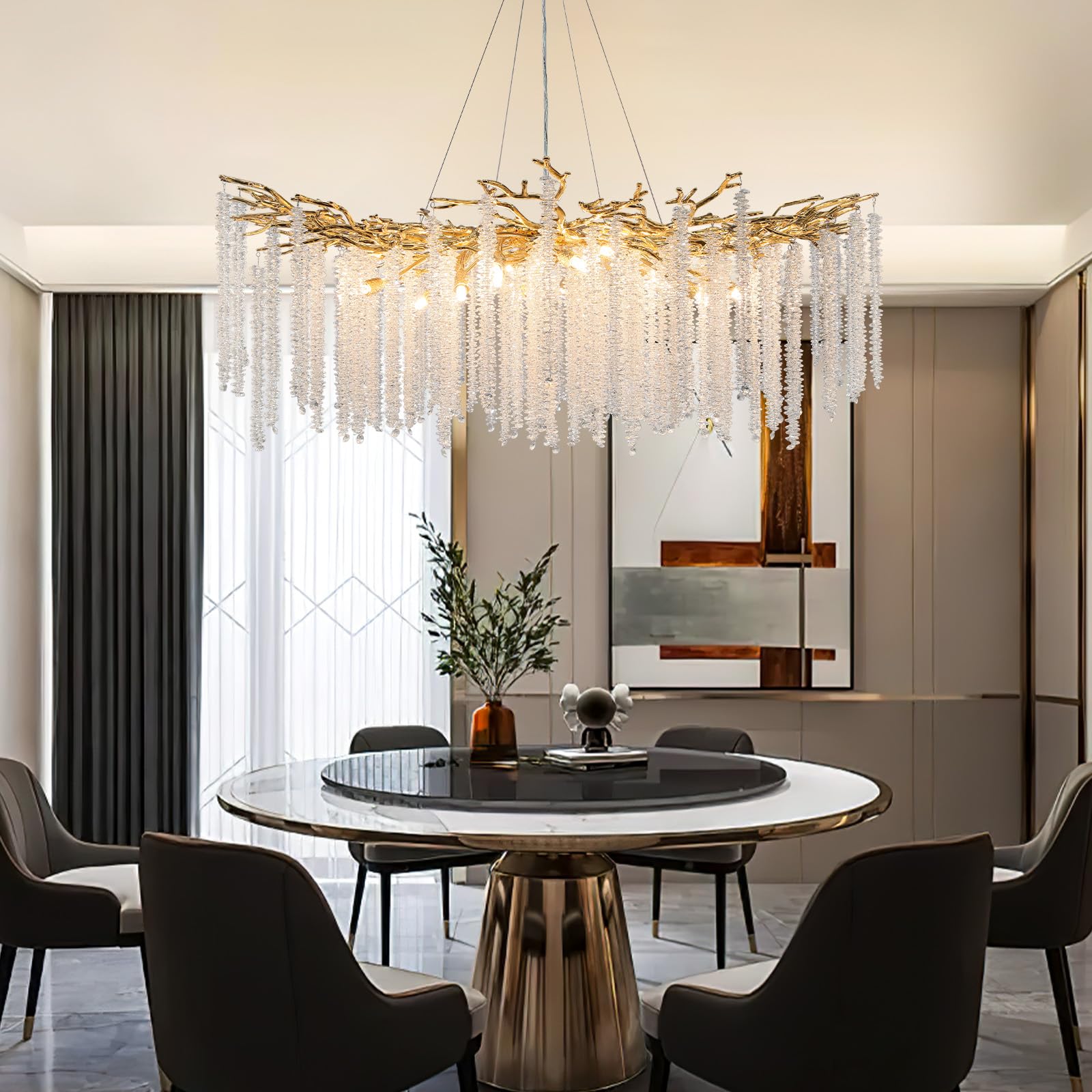 Modern Crystal Chandelier, 47.2" Gold Tree Branch Chandelier for Dining Room, Round Luxury High Ceiling Chandeliers Pendant Light Over Table, Hanging Fixture for Bedroom, Living Room, Kitchen - Camilalamps - B0FBWPQM82