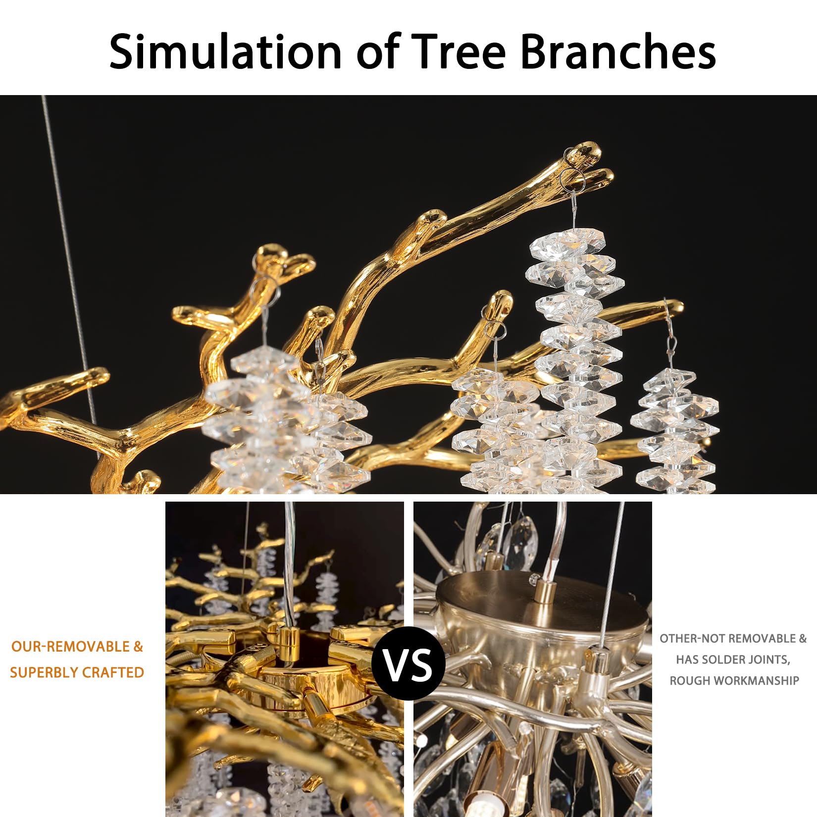 Modern Crystal Chandelier, 47.2" Gold Tree Branch Chandelier for Dining Room, Round Luxury High Ceiling Chandeliers Pendant Light Over Table, Hanging Fixture for Bedroom, Living Room, Kitchen - Camilalamps - B0FBWPQM82