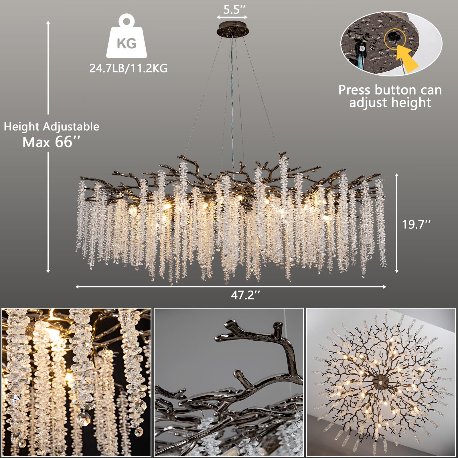 Modern Crystal Chandelier, 47.2" Gold Tree Branch Chandelier for Dining Room, Round Luxury High Ceiling Chandeliers Pendant Light Over Table, Hanging Fixture for Bedroom, Living Room, Kitchen - Camilalamps - B0FBWPQM82