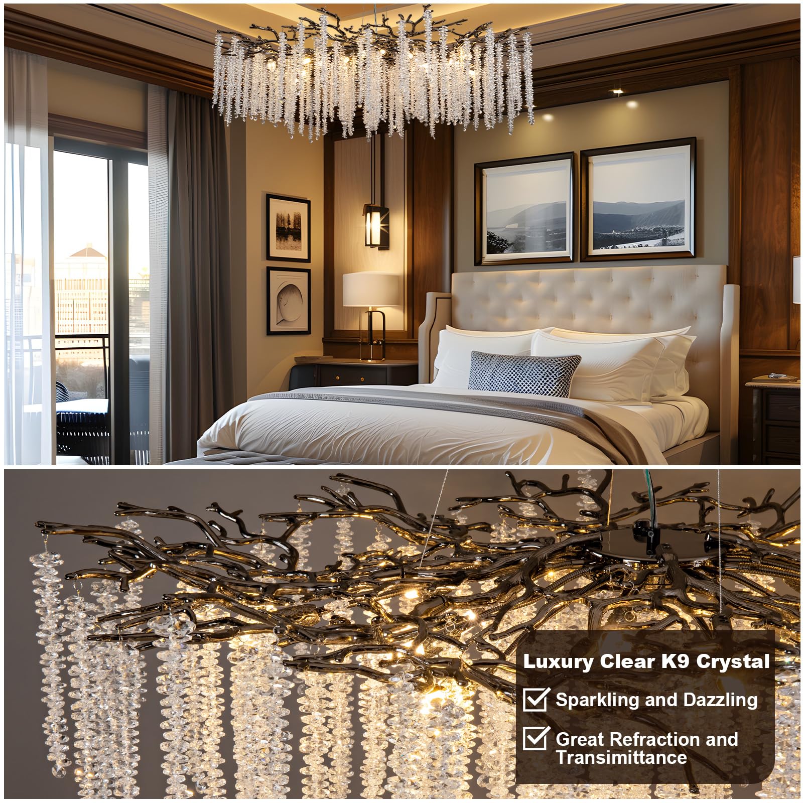 Modern Crystal Chandelier, 47.2" Gold Tree Branch Chandelier for Dining Room, Round Luxury High Ceiling Chandeliers Pendant Light Over Table, Hanging Fixture for Bedroom, Living Room, Kitchen - Camilalamps - B0FBWPQM82