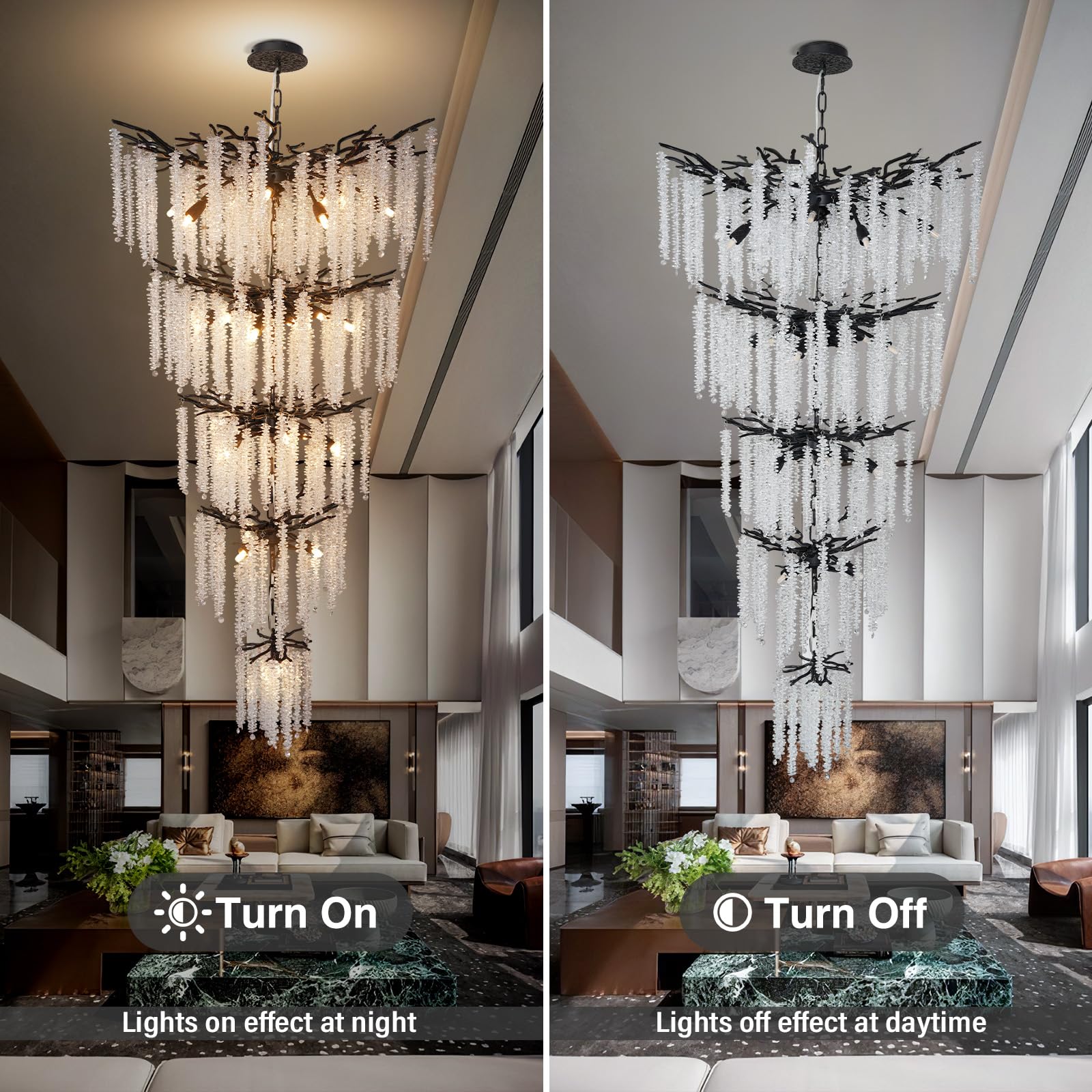 Modern Crystal Chandelier, 47.2" Gold Tree Branch Chandelier for Dining Room, Round Luxury High Ceiling Chandeliers Pendant Light Over Table, Hanging Fixture for Bedroom, Living Room, Kitchen - Camilalamps - B0FBWPQM82