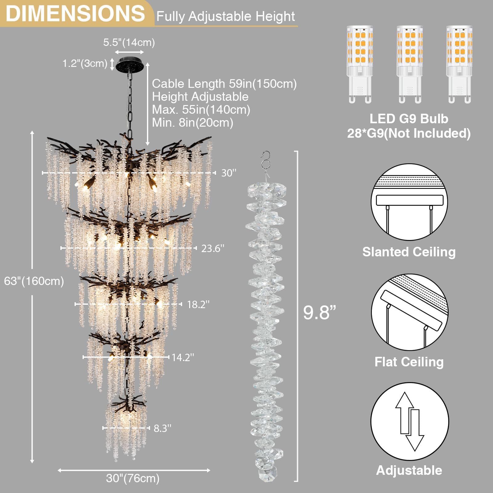 Modern Crystal Chandelier, 47.2" Gold Tree Branch Chandelier for Dining Room, Round Luxury High Ceiling Chandeliers Pendant Light Over Table, Hanging Fixture for Bedroom, Living Room, Kitchen - Camilalamps - B0FBWPQM82