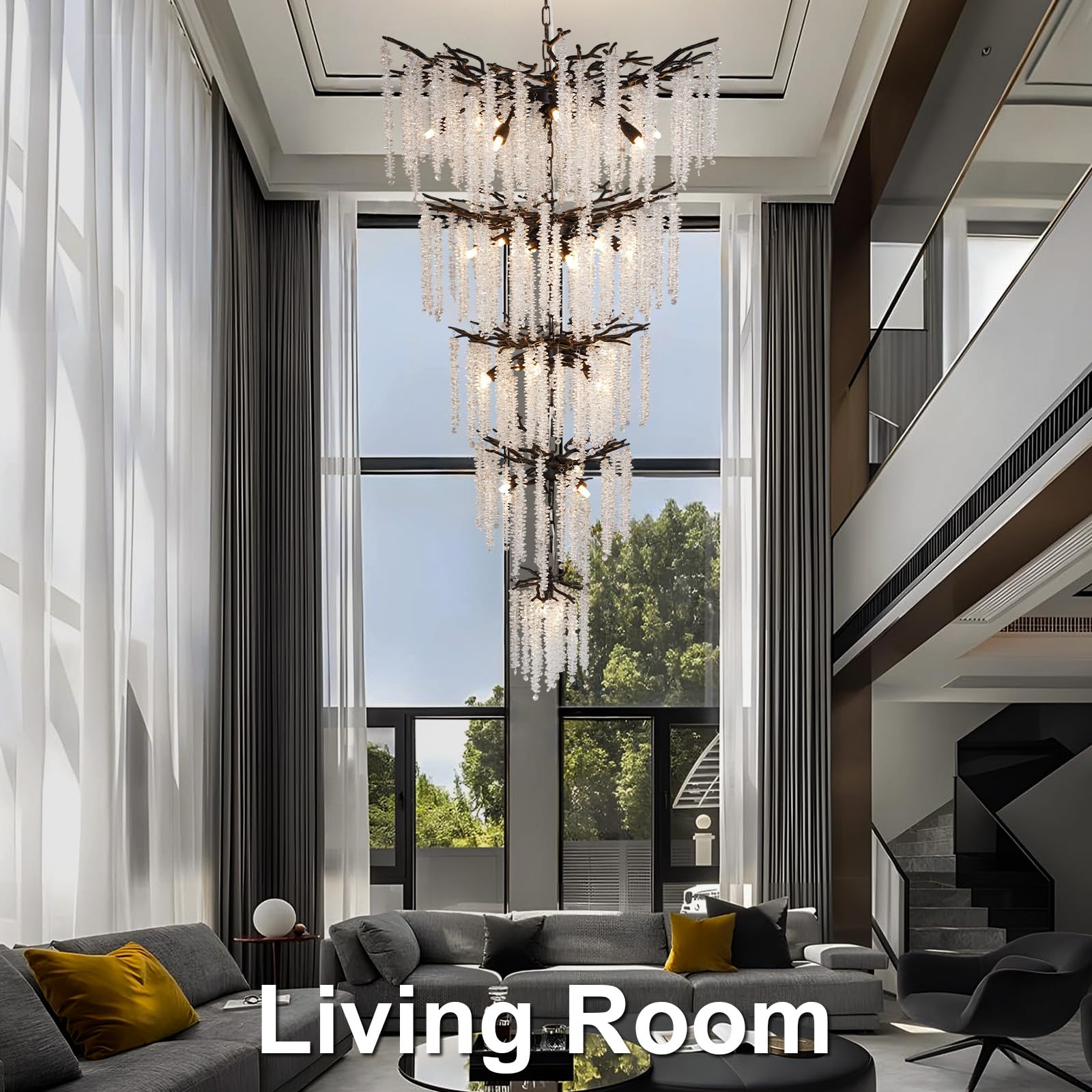 Modern Crystal Chandelier, 47.2" Gold Tree Branch Chandelier for Dining Room, Round Luxury High Ceiling Chandeliers Pendant Light Over Table, Hanging Fixture for Bedroom, Living Room, Kitchen - Camilalamps - B0FBWPQM82