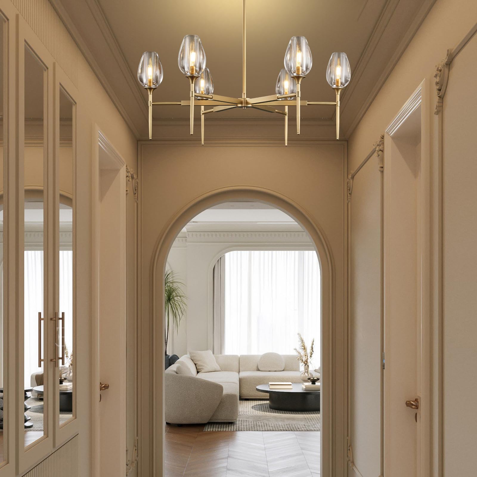 Modern Crystal Chandelier 6 Lights Brass, 42in Gold Round K9 Crystal Chandelier,Pendant Ceiling Light for Dining Living Room Bedroom Entryway, E12 Bulbs Included - Camilalamps - B0DNYPBD7W