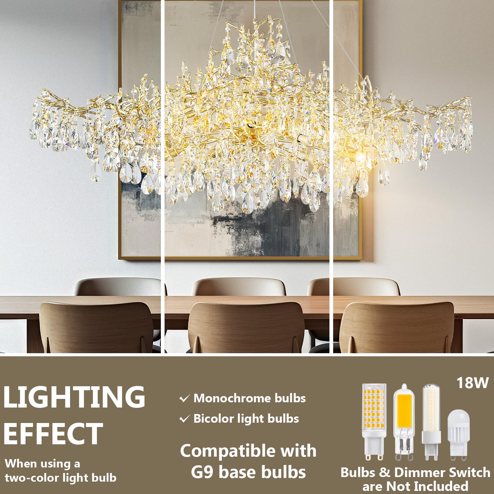 Modern Crystal Chandelier, 60" Gold Rectangular Tree Branch Chandelier for Dining Room, 18 - Lights Contemporary Luxury K9 Crystal Raindrop Pendant Light Fixture for Kitchen Island, Living Room - Camilalamps - B0CRR1PD9Q