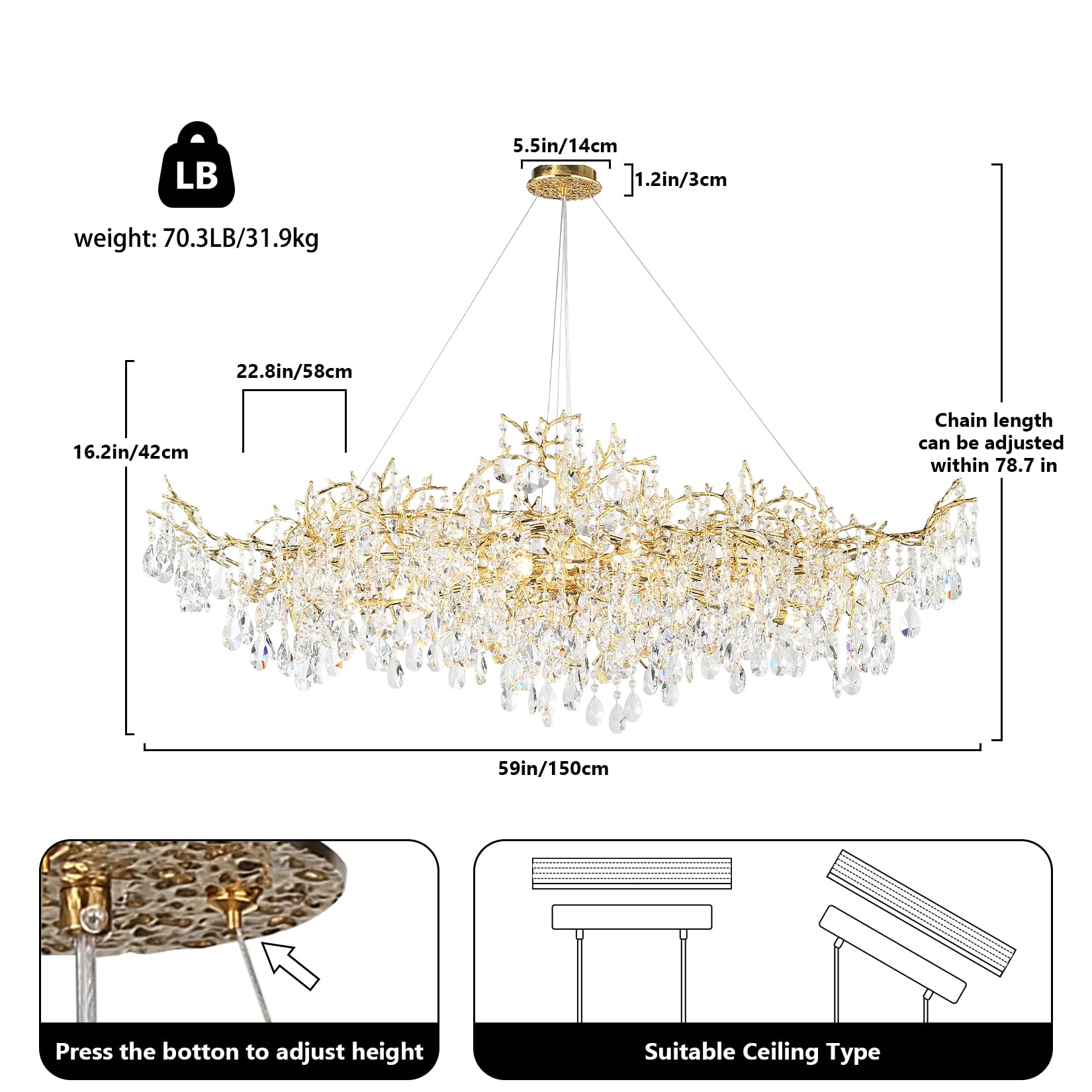 Modern Crystal Chandelier, 60" Gold Rectangular Tree Branch Chandelier for Dining Room, 18 - Lights Contemporary Luxury K9 Crystal Raindrop Pendant Light Fixture for Kitchen Island, Living Room - Camilalamps - B0CRR1PD9Q