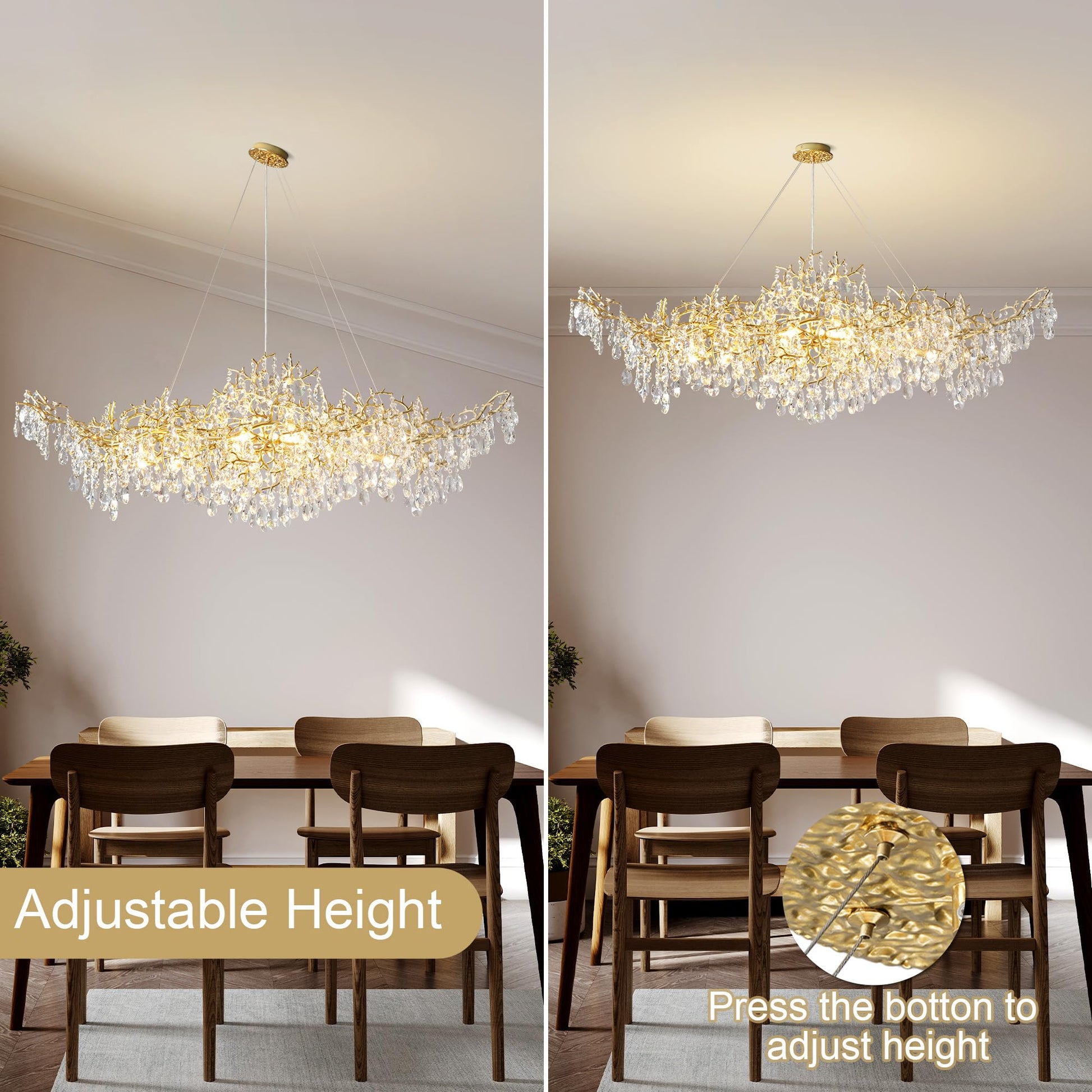 Modern Crystal Chandelier, 60" Gold Rectangular Tree Branch Chandelier for Dining Room, 18 - Lights Contemporary Luxury K9 Crystal Raindrop Pendant Light Fixture for Kitchen Island, Living Room - Camilalamps - B0CRR1PD9Q