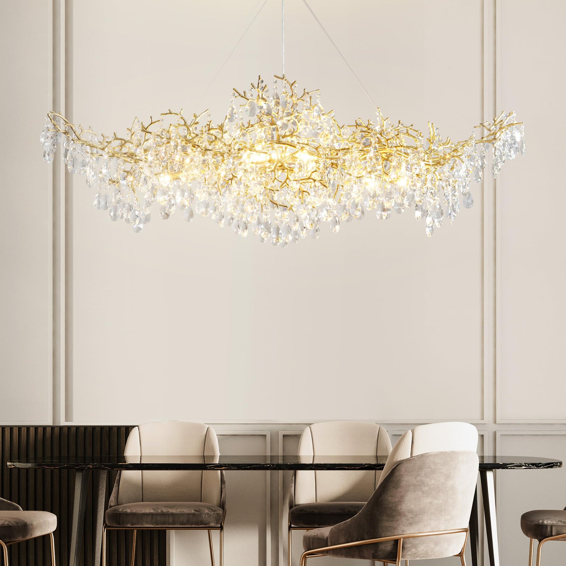 Modern Crystal Chandelier, 60" Gold Rectangular Tree Branch Chandelier for Dining Room, 18 - Lights Contemporary Luxury K9 Crystal Raindrop Pendant Light Fixture for Kitchen Island, Living Room - Camilalamps - B0CRR1PD9Q