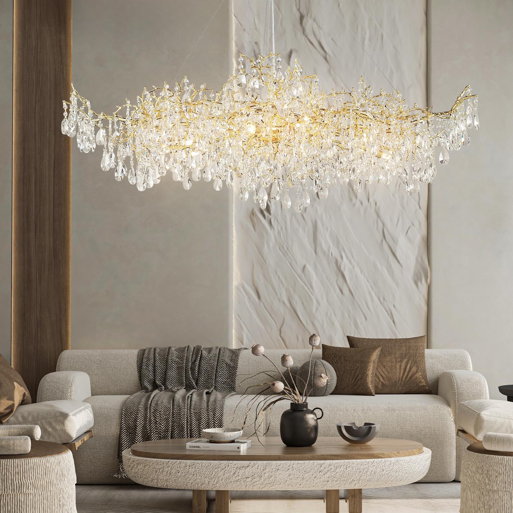 Modern Crystal Chandelier, 60" Gold Rectangular Tree Branch Chandelier for Dining Room, 18 - Lights Contemporary Luxury K9 Crystal Raindrop Pendant Light Fixture for Kitchen Island, Living Room - Camilalamps - B0CRR1N9WX