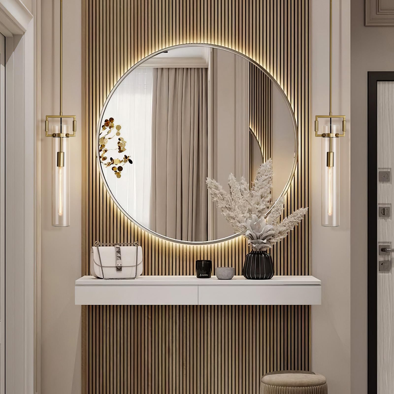 Modern Gold Pendant Light Fixture Set of 2 - 21.6 Inch Adjustable Hanging Chandelier with Glass Shade & Brass Finish, Large Farmhouse Island Lighting for Kitchen, Dining Room, Bathroom - Camilalamps - B0FL7CKD8Q