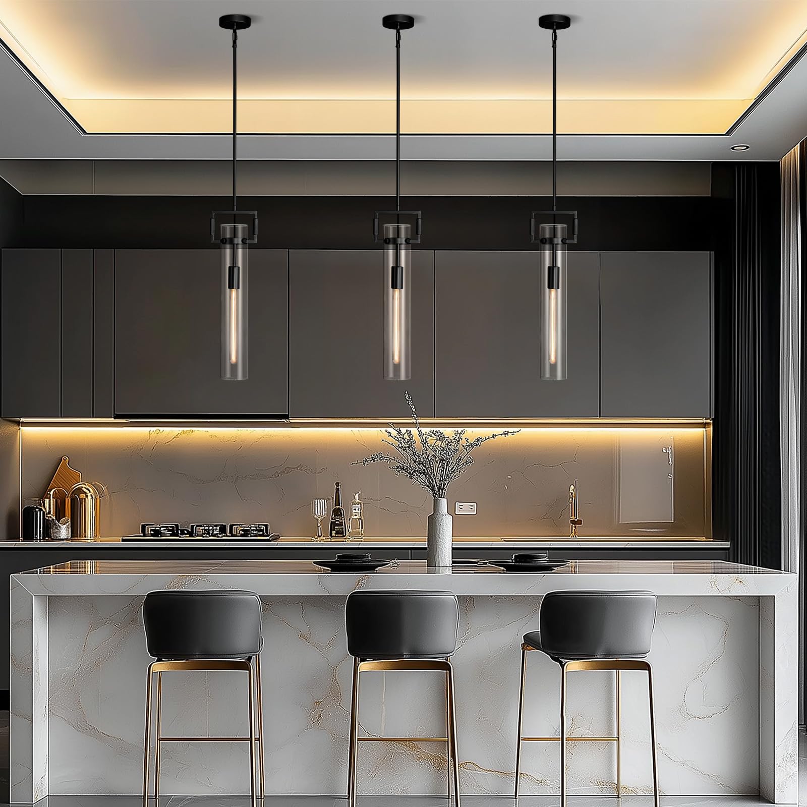 Modern Gold Pendant Light Fixture Set of 2 - 21.6 Inch Adjustable Hanging Chandelier with Glass Shade & Brass Finish, Large Farmhouse Island Lighting for Kitchen, Dining Room, Bathroom - Camilalamps - B0FL7CKD8Q