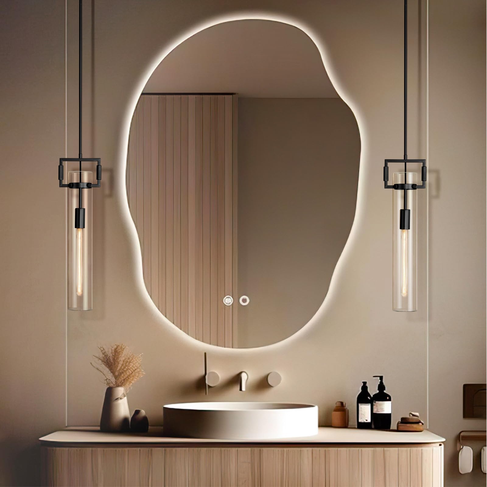 Modern Gold Pendant Light Fixture Set of 2 - 21.6 Inch Adjustable Hanging Chandelier with Glass Shade & Brass Finish, Large Farmhouse Island Lighting for Kitchen, Dining Room, Bathroom - Camilalamps - B0FL7CKD8Q