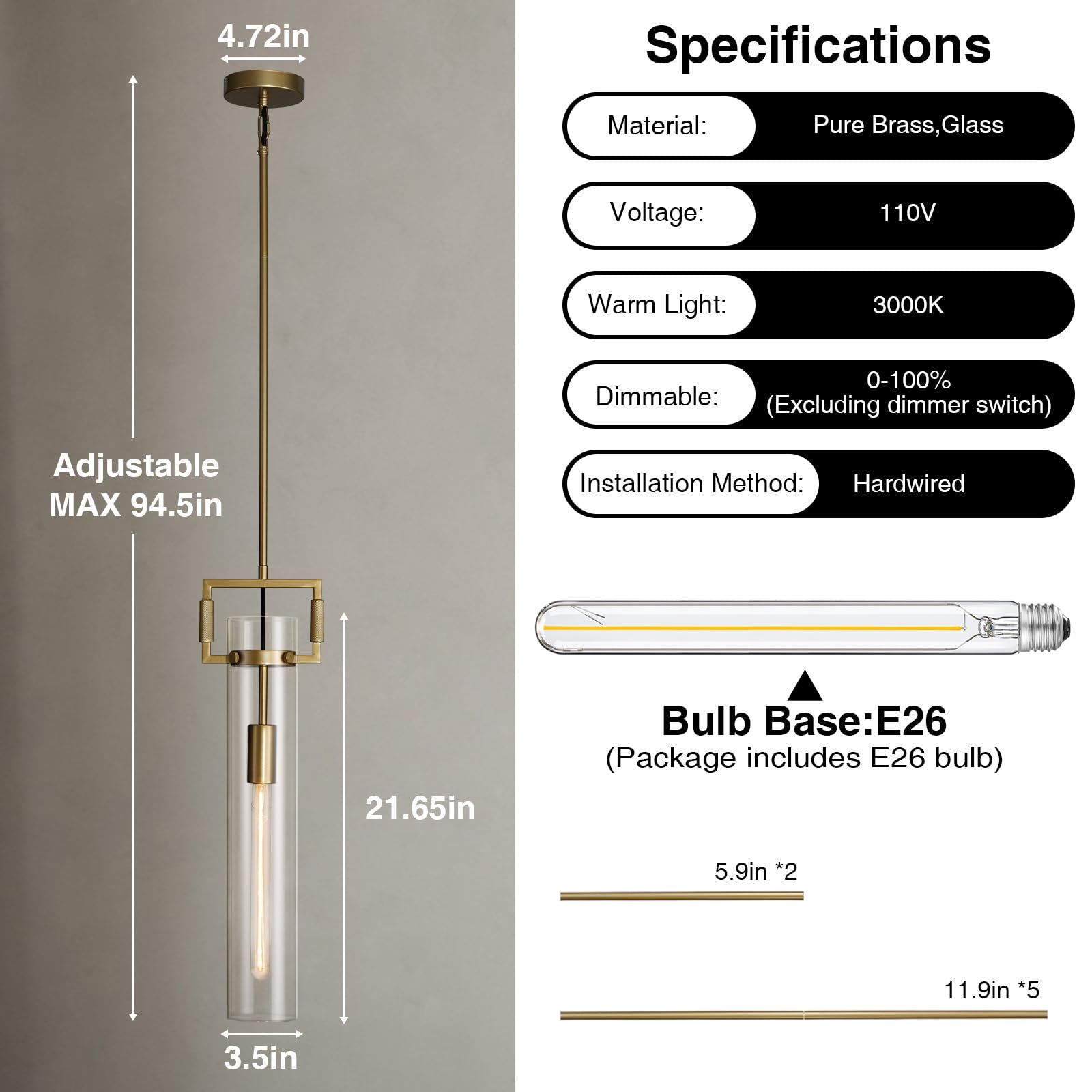 Modern Gold Pendant Light Fixture Set of 2 - 21.6 Inch Adjustable Hanging Chandelier with Glass Shade & Brass Finish, Large Farmhouse Island Lighting for Kitchen, Dining Room, Bathroom - Camilalamps - B0FL7CKD8Q