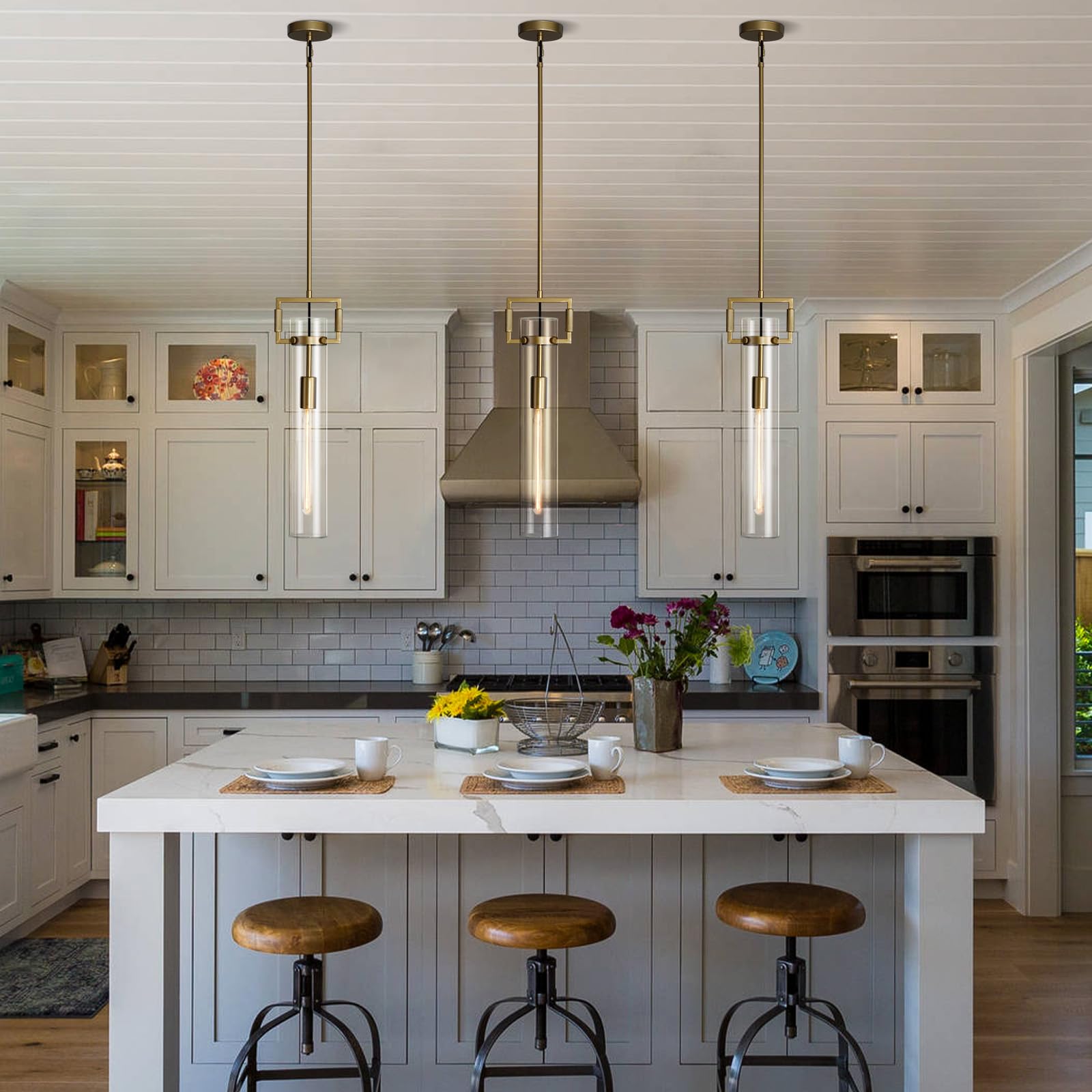 Modern Gold Pendant Light Fixture Set of 2 - 21.6 Inch Adjustable Hanging Chandelier with Glass Shade & Brass Finish, Large Farmhouse Island Lighting for Kitchen, Dining Room, Bathroom - Camilalamps - B0FL7CKD8Q