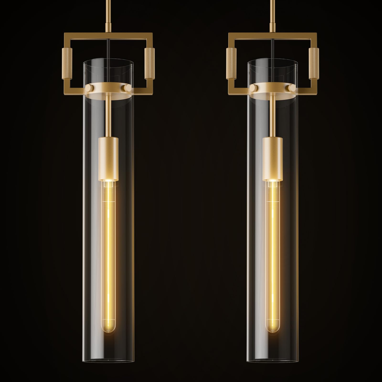 Modern Gold Pendant Light Fixture Set of 2 - 21.6 Inch Adjustable Hanging Chandelier with Glass Shade & Brass Finish, Large Farmhouse Island Lighting for Kitchen, Dining Room, Bathroom - Camilalamps - B0FGJBH9T1