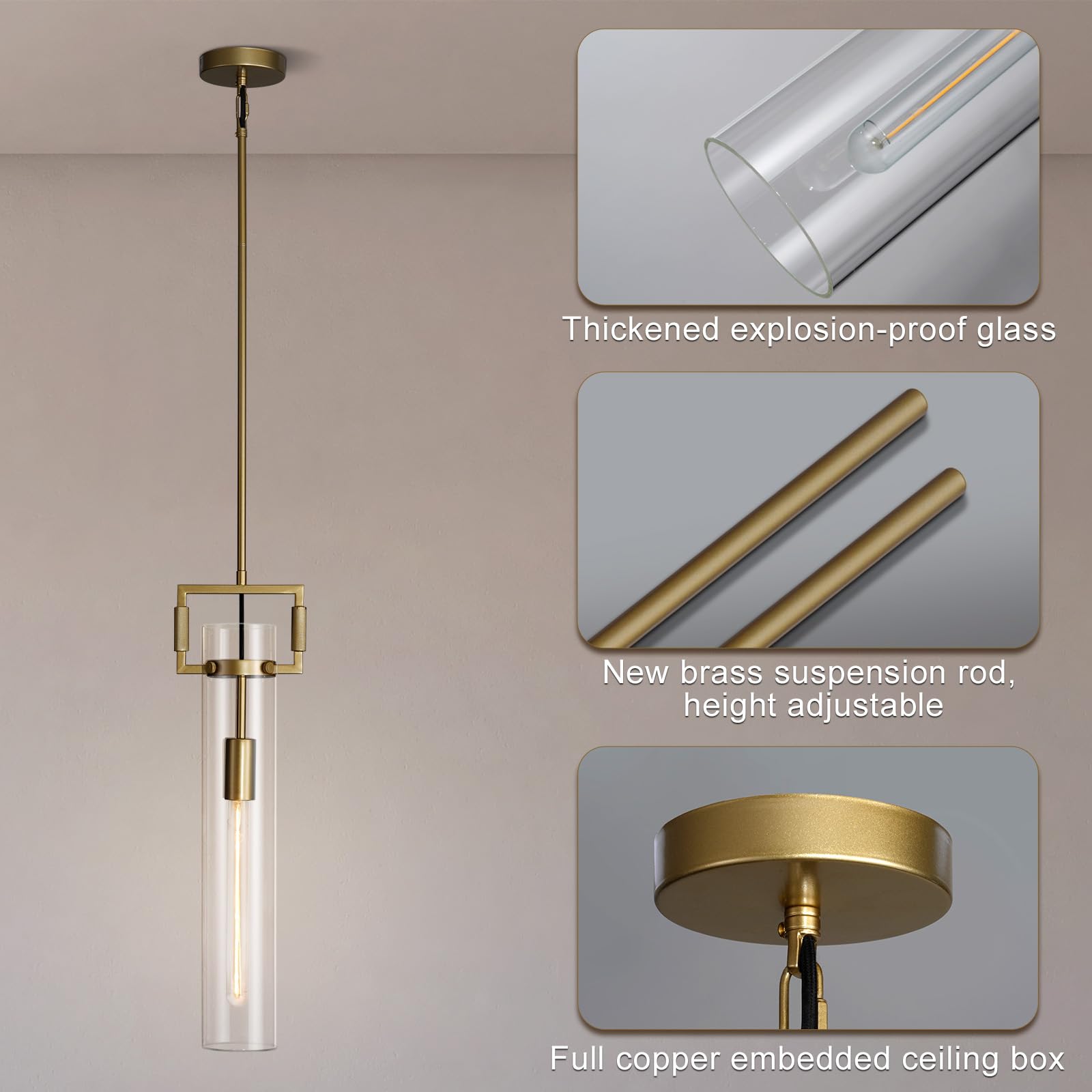 Modern Gold Pendant Light Fixture Set of 2 - 21.6 Inch Adjustable Hanging Chandelier with Glass Shade & Brass Finish, Large Farmhouse Island Lighting for Kitchen, Dining Room, Bathroom - Camilalamps - B0FL7CKD8Q