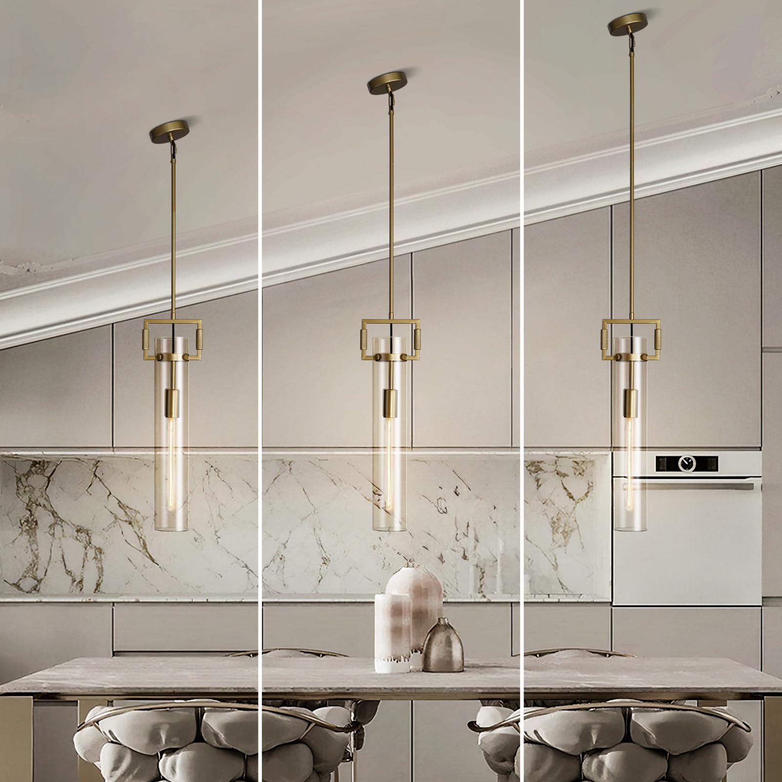 Modern Gold Pendant Light Fixture Set of 2 - 21.6 Inch Adjustable Hanging Chandelier with Glass Shade & Brass Finish, Large Farmhouse Island Lighting for Kitchen, Dining Room, Bathroom - Camilalamps - B0FL7CKD8Q