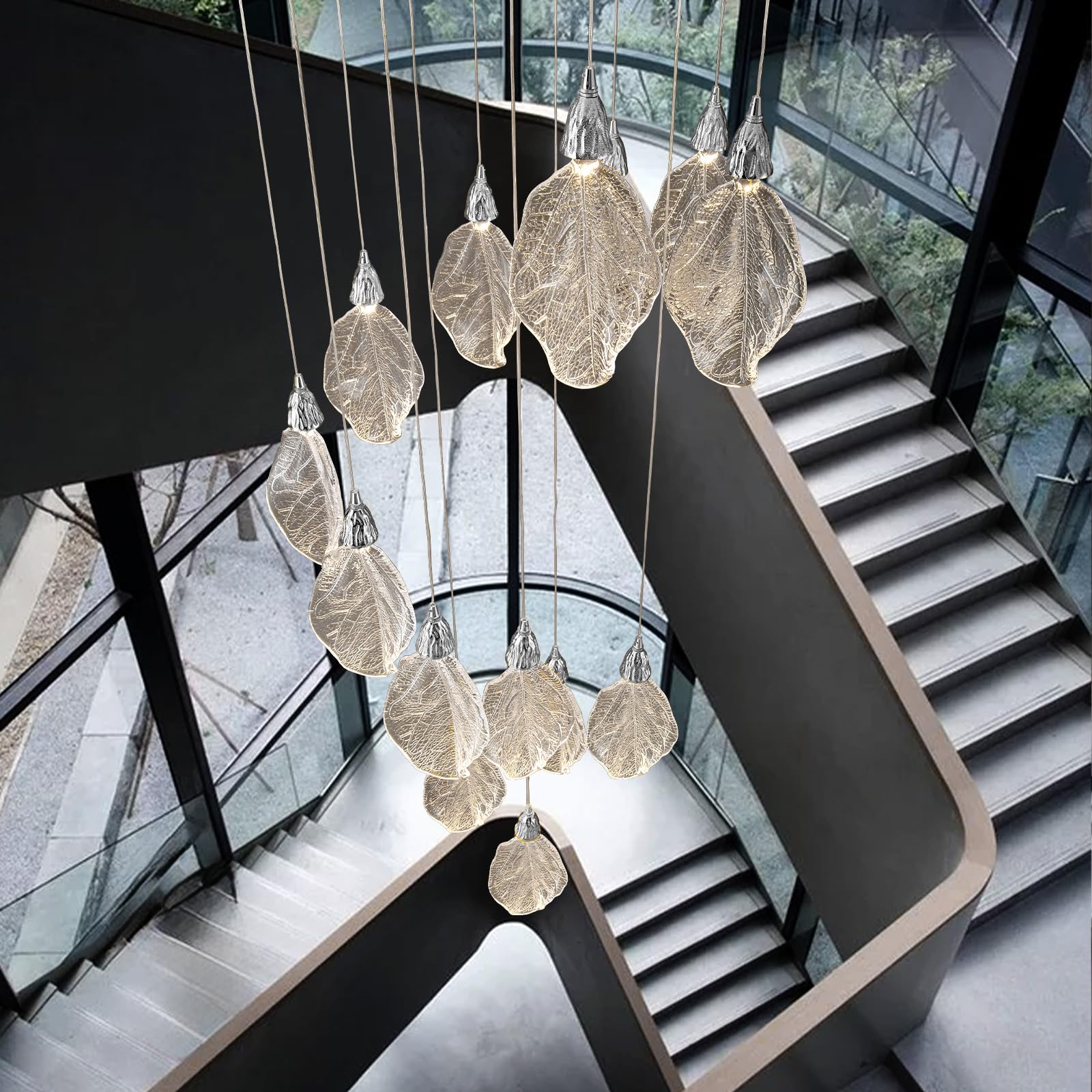 Modern Gold Staircase Chandelier, H78 Large Chandelier for High Ceilings,20 - Lights Staircase Pendant Light W/LED Double Light Source,Platinum Leaf Long Hanging Light for Foyer Entryway - Gold - Camilalamps - B0DWK929Q1