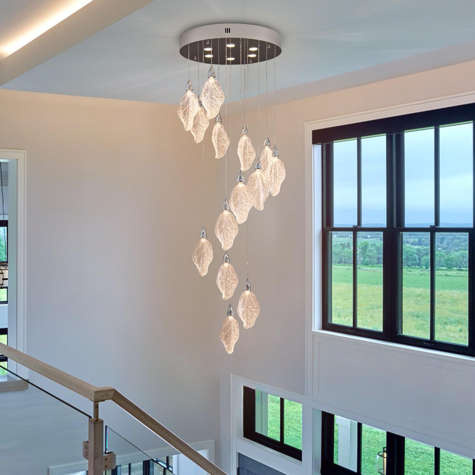 Modern Gold Staircase Chandelier, H78 Large Chandelier for High Ceilings,20 - Lights Staircase Pendant Light W/LED Double Light Source,Platinum Leaf Long Hanging Light for Foyer Entryway - Gold - Camilalamps - B0DWK929Q1