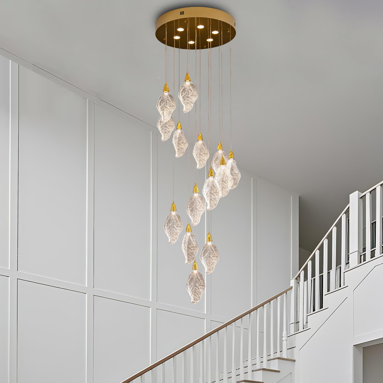 Modern Gold Staircase Chandelier, H78 Large Chandelier for High Ceilings,20 - Lights Staircase Pendant Light W/LED Double Light Source,Platinum Leaf Long Hanging Light for Foyer Entryway - Gold - Camilalamps - B0DWK929Q1