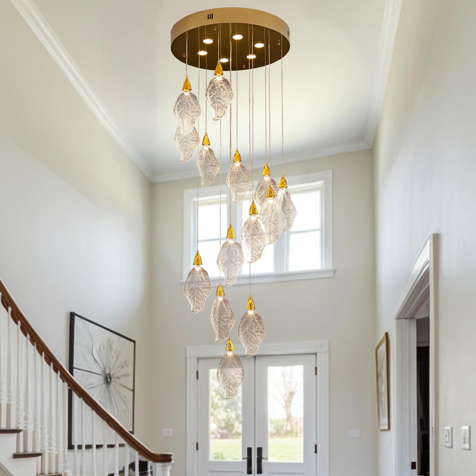 Modern Gold Staircase Chandelier, H78 Large Chandelier for High Ceilings,20 - Lights Staircase Pendant Light W/LED Double Light Source,Platinum Leaf Long Hanging Light for Foyer Entryway - Gold - Camilalamps - B0DWK929Q1