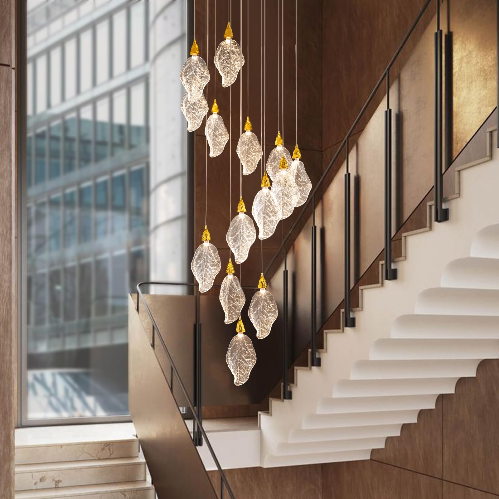 Modern Gold Staircase Chandelier, H78 Large Chandelier for High Ceilings,20 - Lights Staircase Pendant Light W/LED Double Light Source,Platinum Leaf Long Hanging Light for Foyer Entryway - Gold - Camilalamps - B0DWK929Q1
