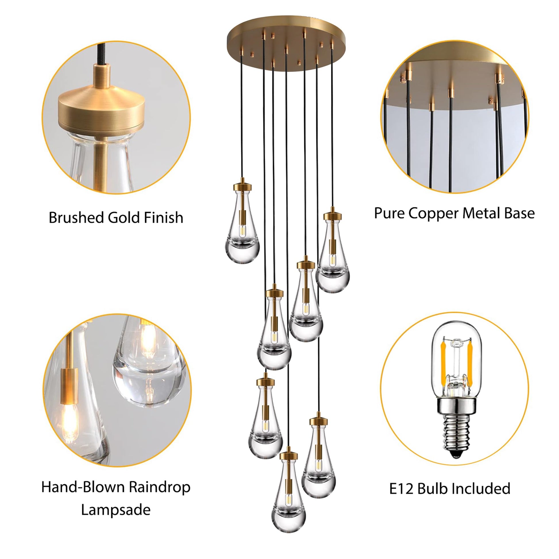 Modern Nickel Pendant Light, Raindrop Hanging Light Fixtures for Kitchen Island, Indoor Crystal Ceiling Light Fixtures with Clear Solid Crystal Raindrop for Living Room Hallway - Camilalamps - B0B1WPKLPX