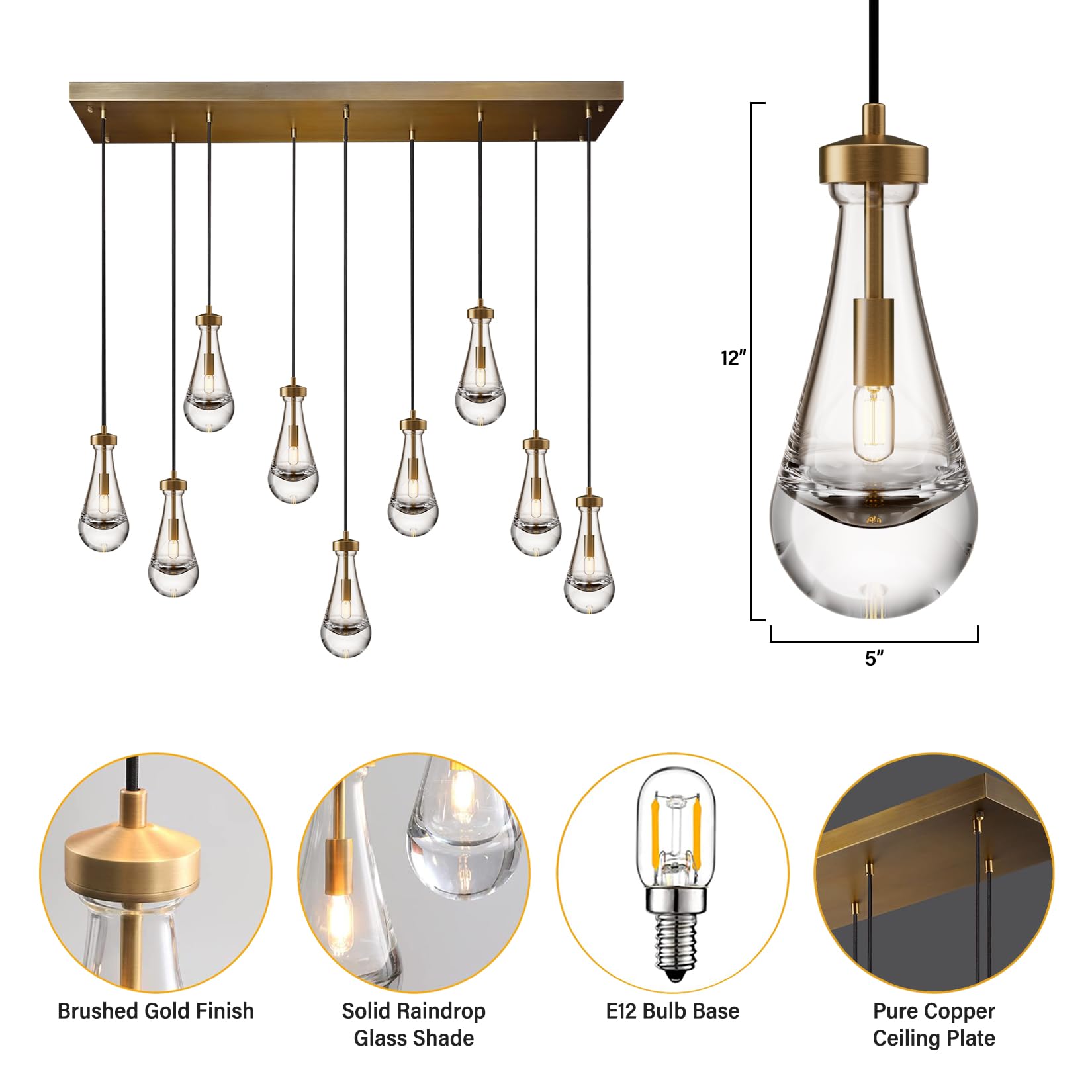 Modern Nickel Pendant Light, Raindrop Hanging Light Fixtures for Kitchen Island, Indoor Crystal Ceiling Light Fixtures with Clear Solid Crystal Raindrop for Living Room Hallway - Camilalamps - B0B1WPKLPX